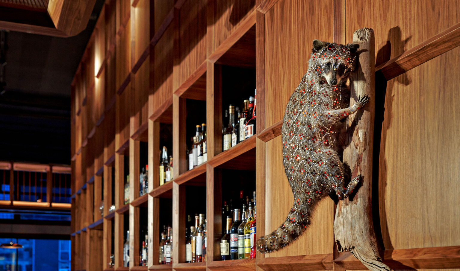 Taxidermy raccoon with geometric jeweled design on a branch hanging on wood wall next to bar