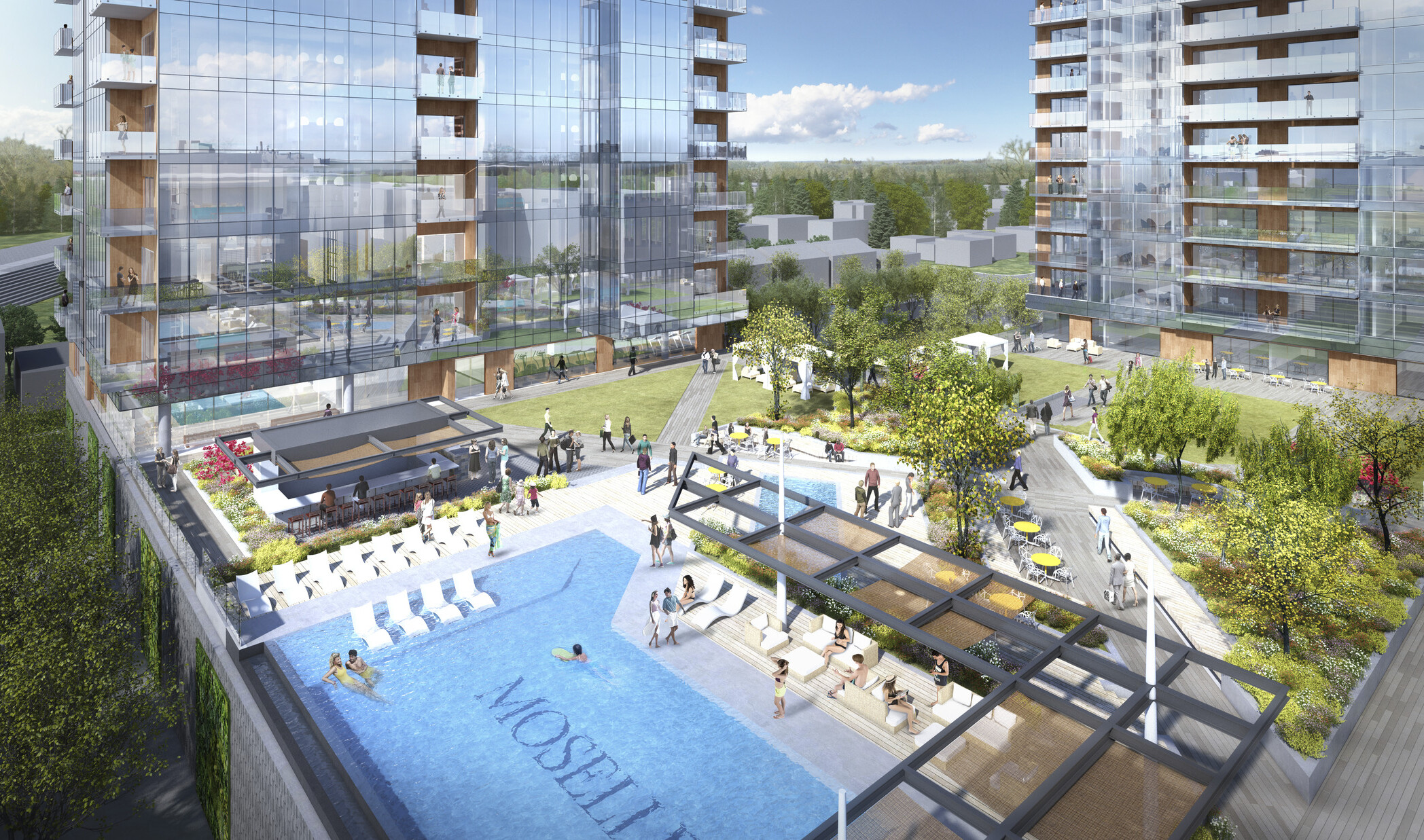 aerial view of a rendering of an elevated pool surrounded by high rise glass towers, walking paths, trees, grass, seating