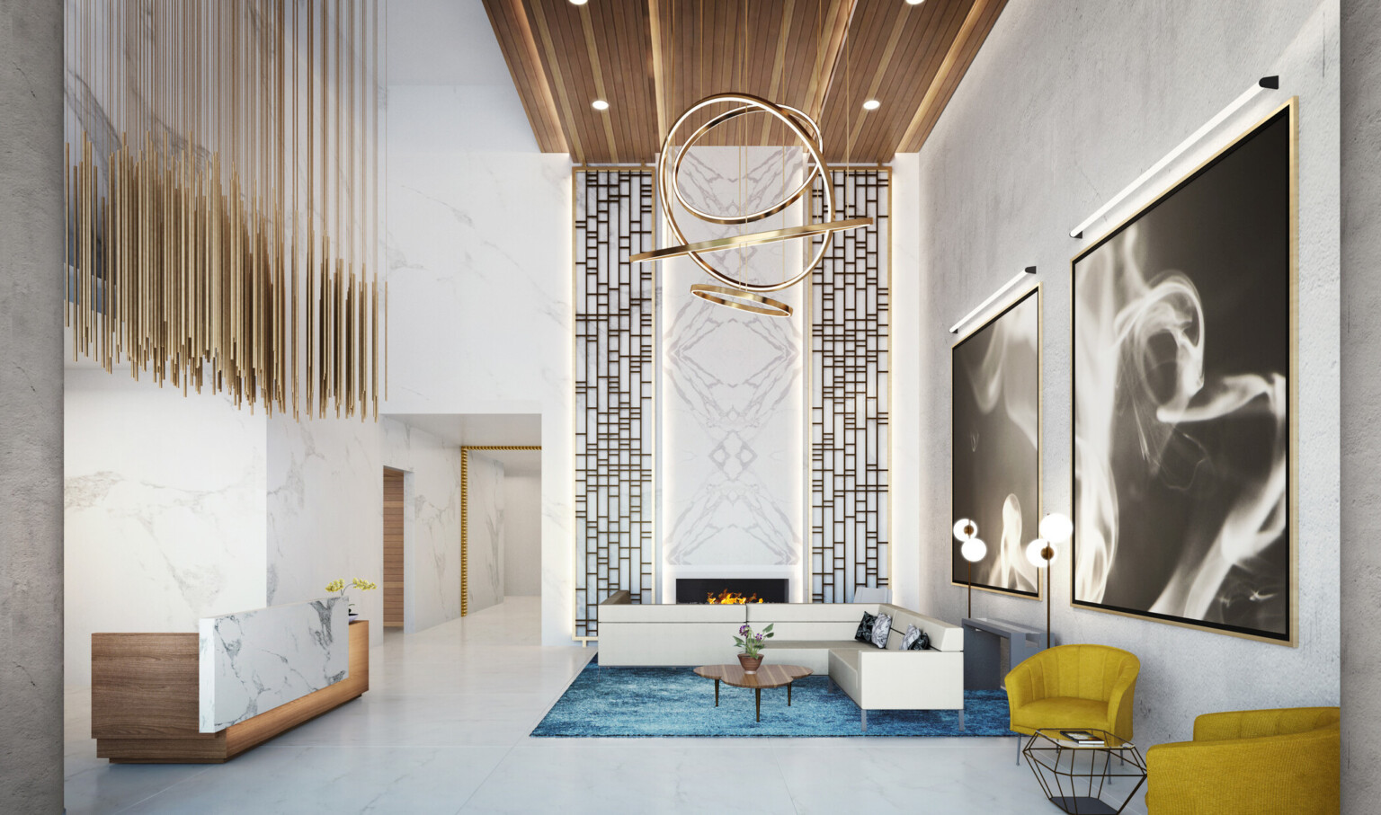 Lobby with wood reception desk with marble accent. Couch by fireplace in white room off marble hallway. Gold sculptures hang