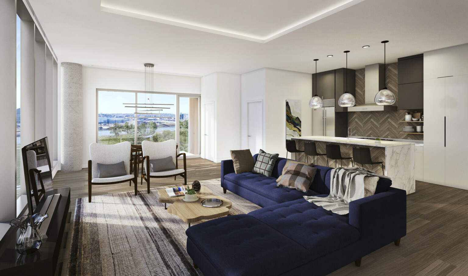 Open floorplan kitchen with marble island and wood panel accents opens to living room seating. Back, floor to ceiling windows