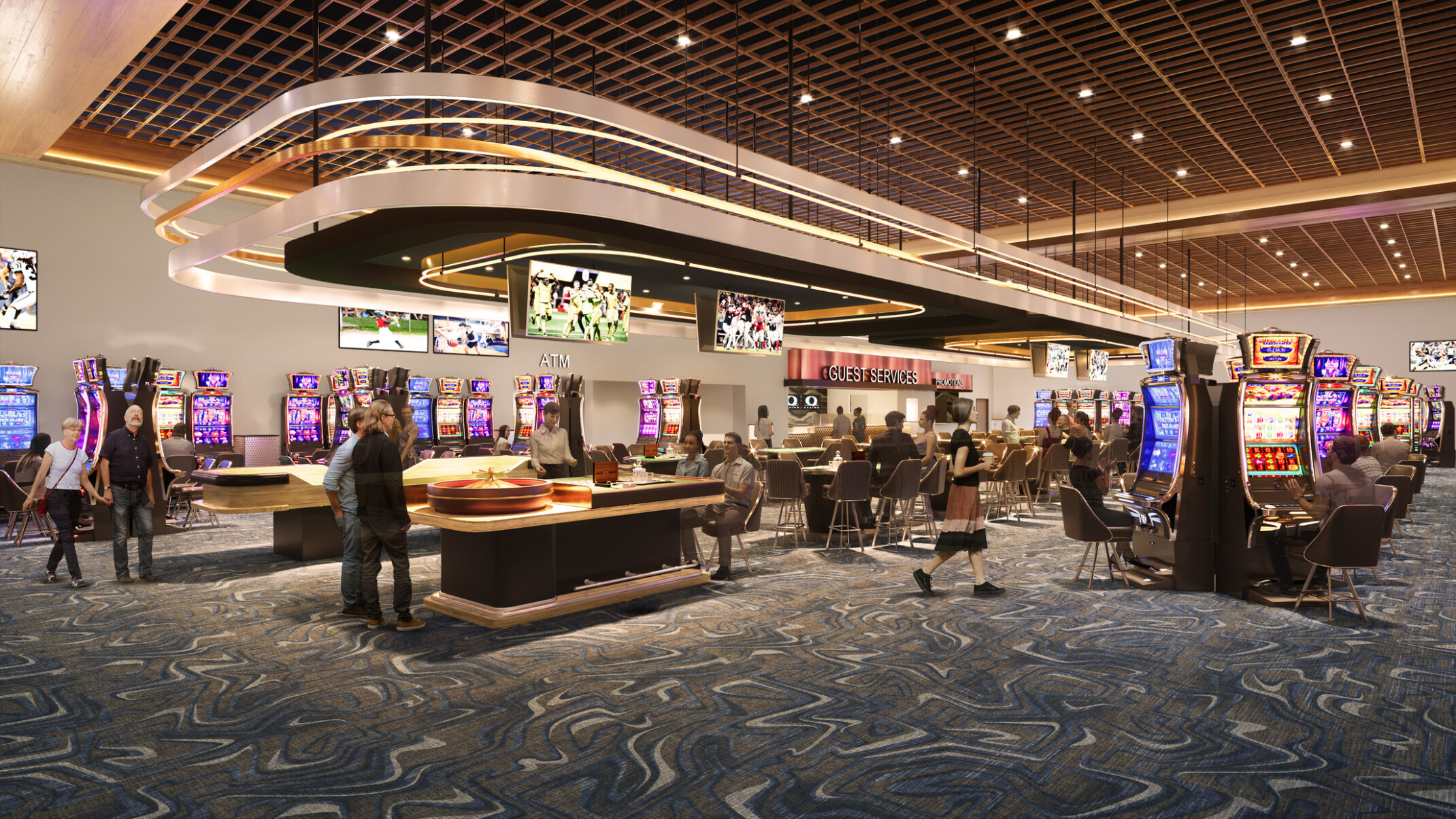 View of a bustling casino with slot machines and gambling tables