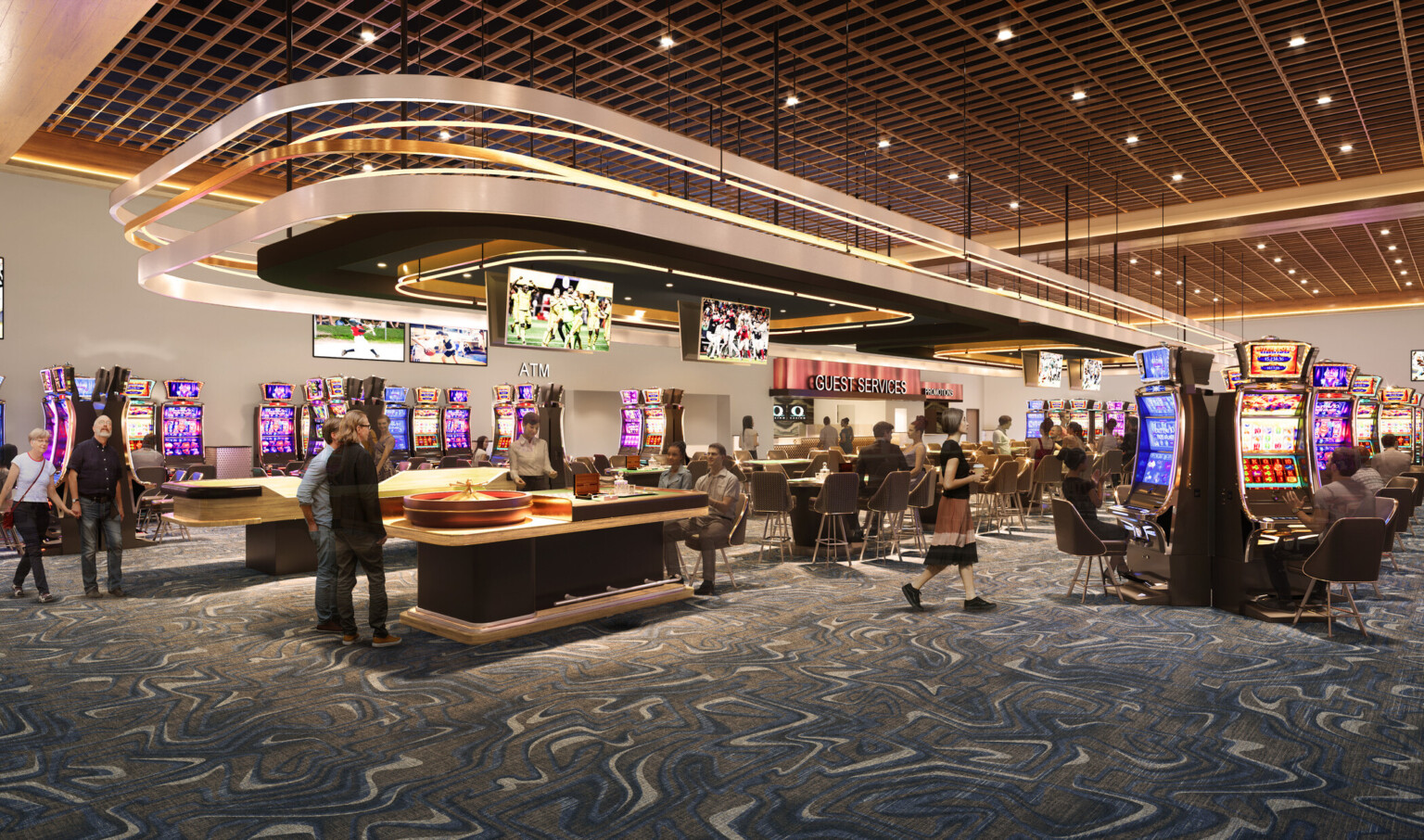 View of a bustling casino with slot machines and gambling tables View of a bustling casino with slot machines and gambling tables