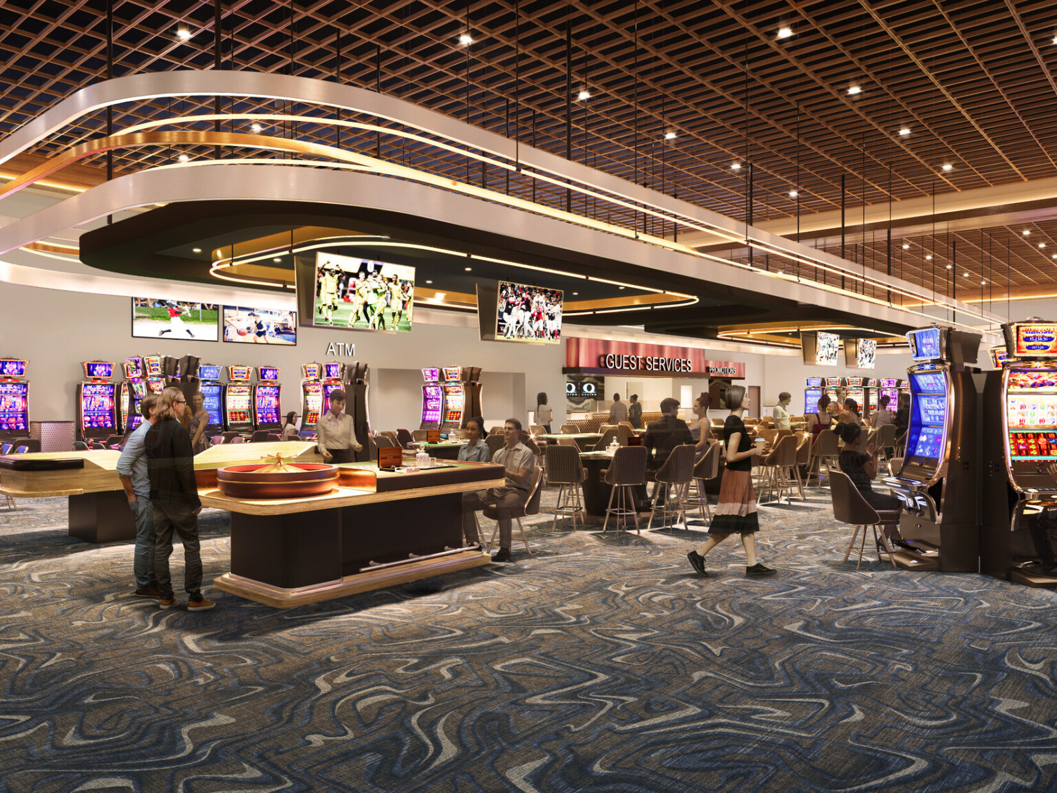 View of a bustling casino with slot machines and gambling tables View of a bustling casino with slot machines and gambling tables
