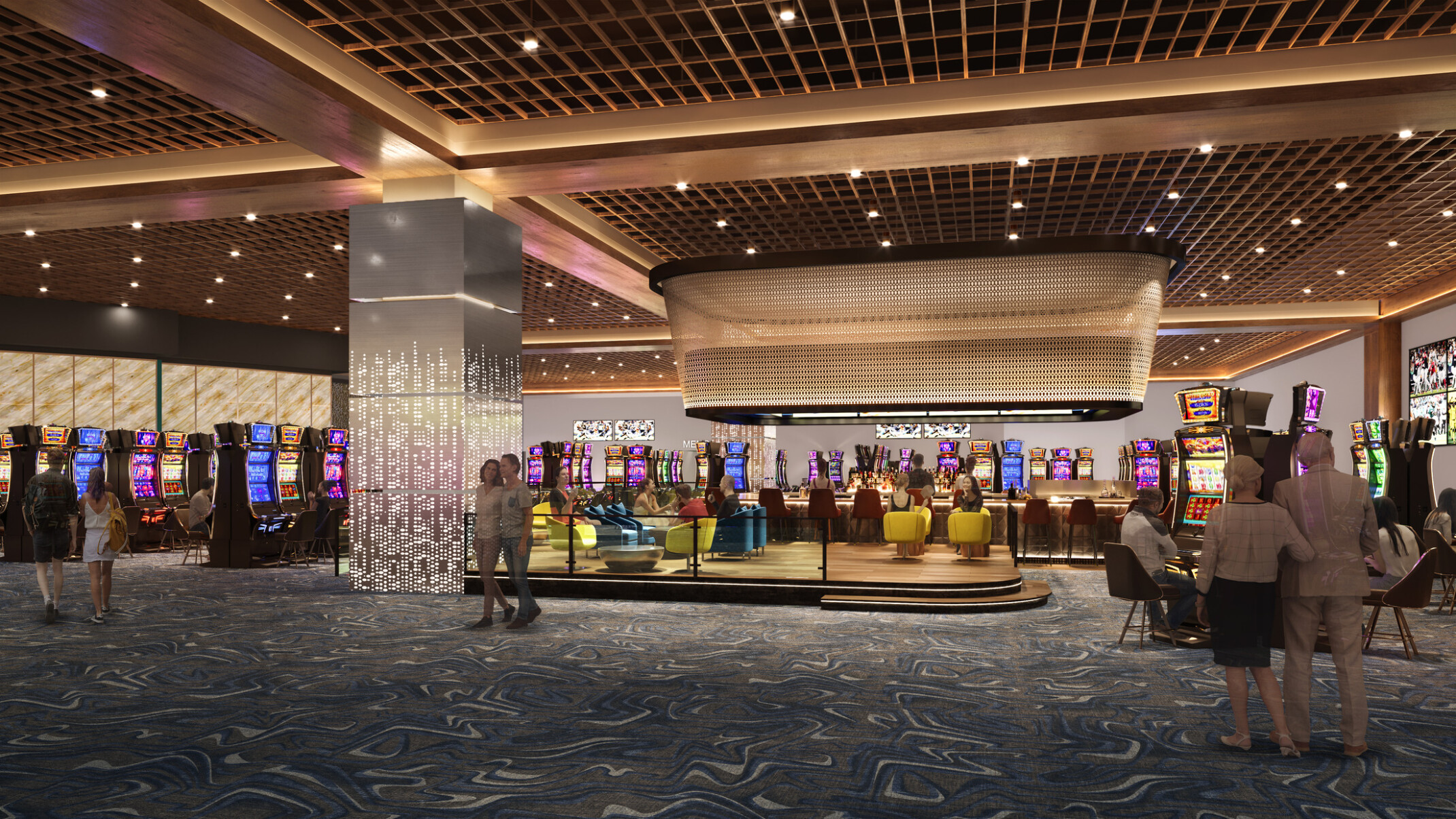 Bustling casino filled with people, an oval chandelier, grey flooring, filled with colorful slot machines
