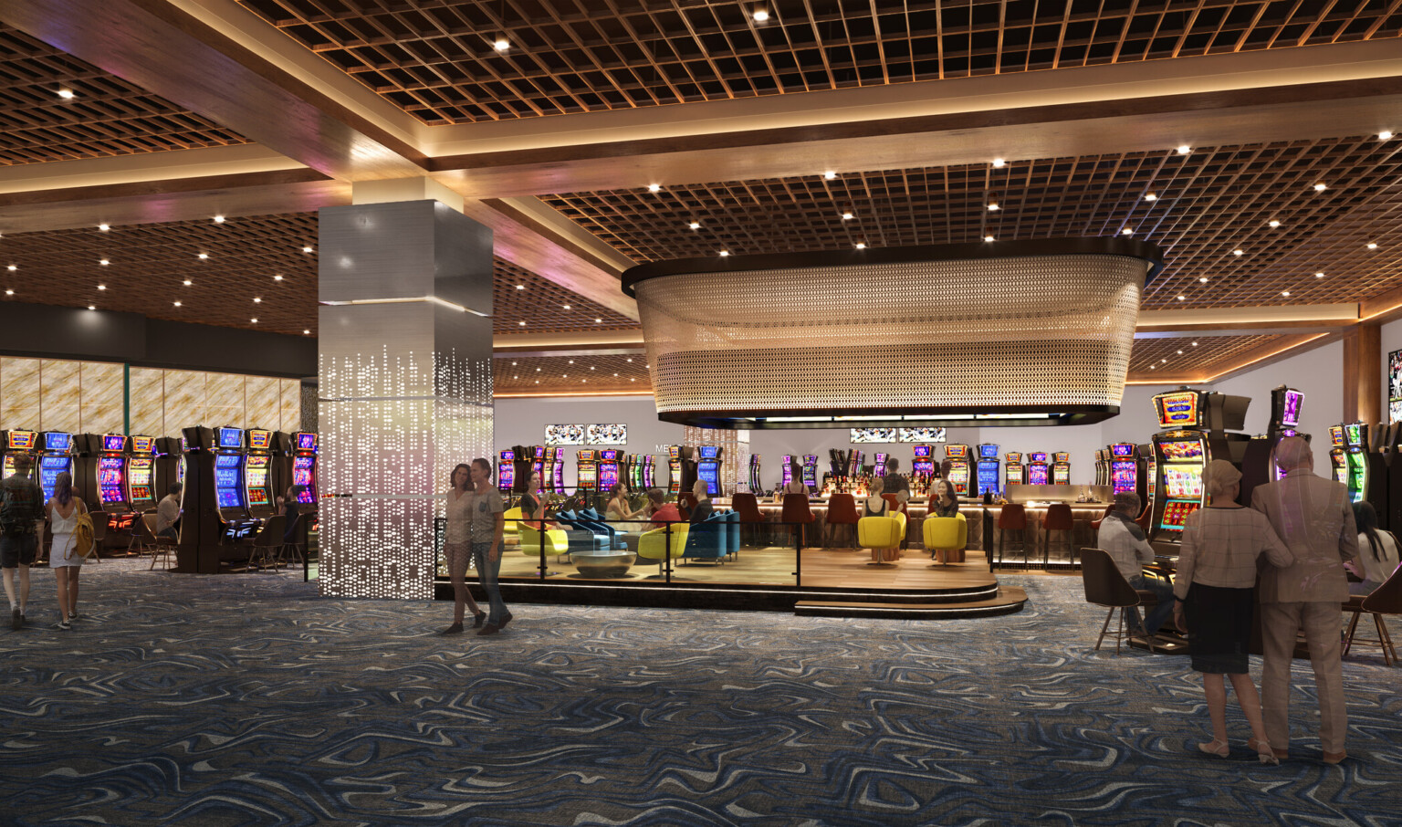 Bustling casino filled with people, an oval chandelier, grey flooring, filled with colorful slot machines Bustling casino filled with people, an oval chandelier, grey flooring, filled with colorful slot machines