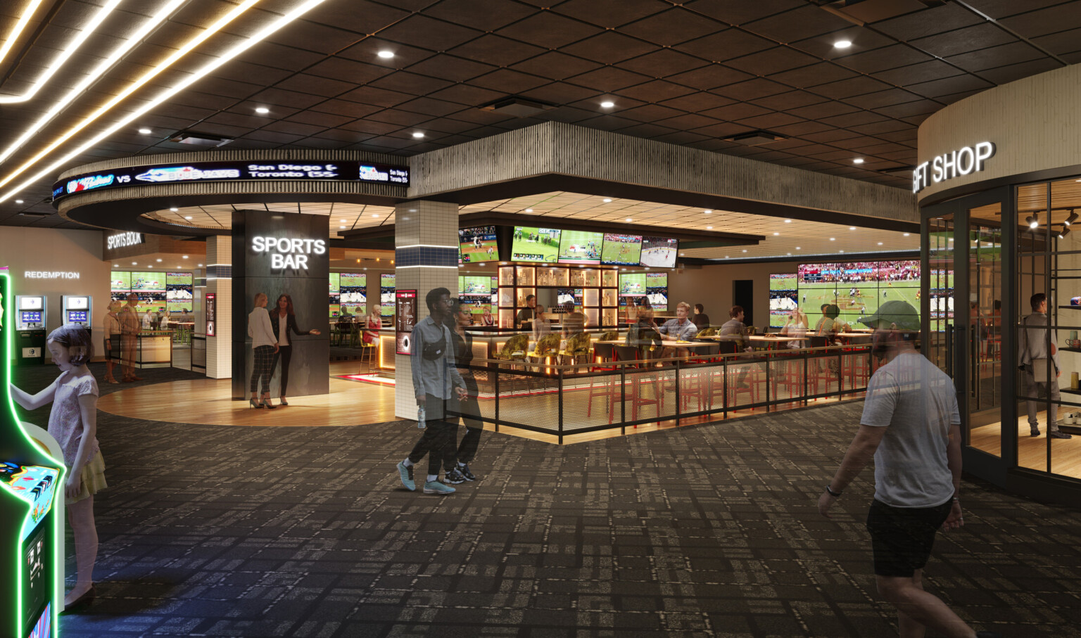 Grey flooring, lighted signs, filled with TV's and seating areas.
