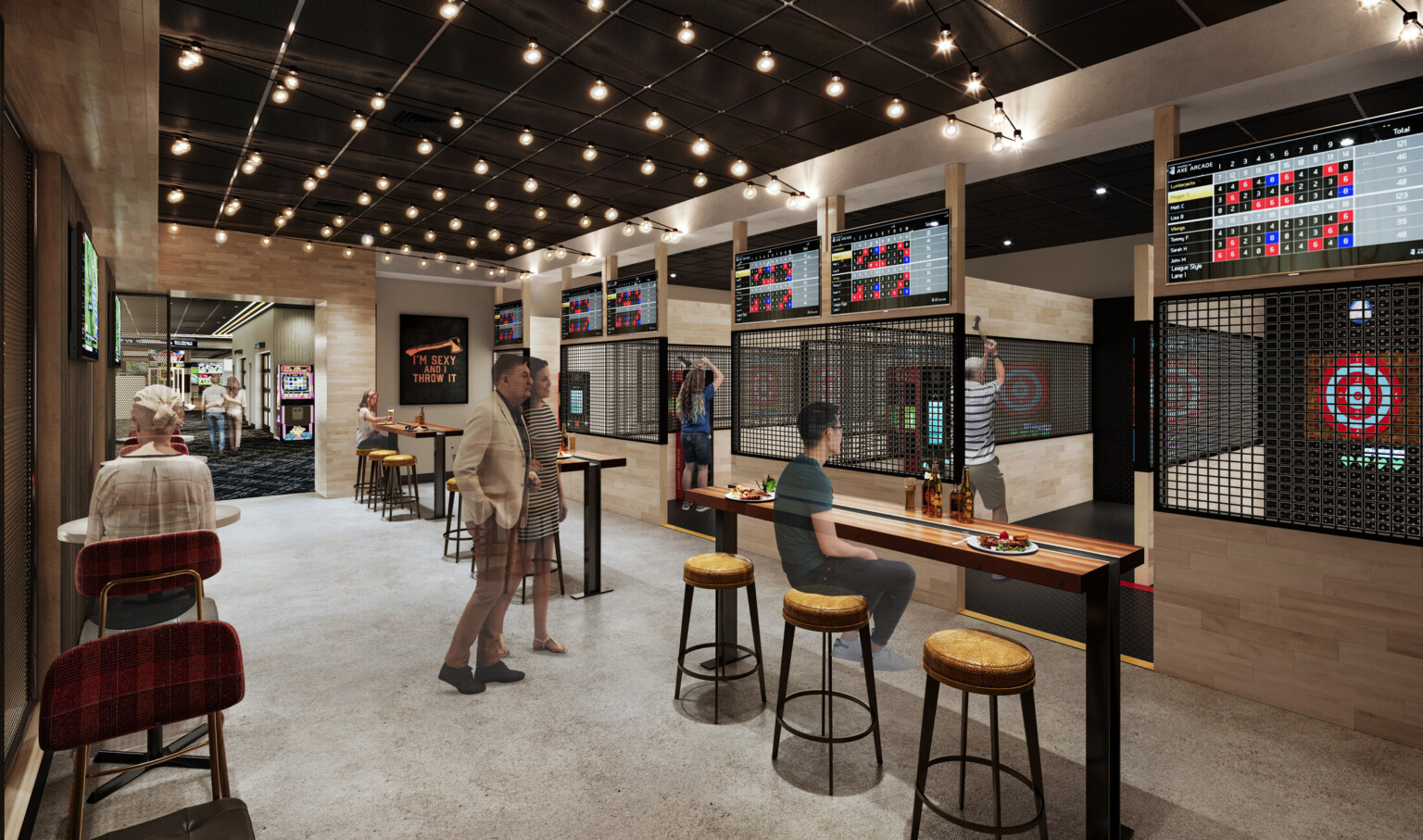 Light grey floors, high top tables, TV's with score boards, men throwing axes at red targets
