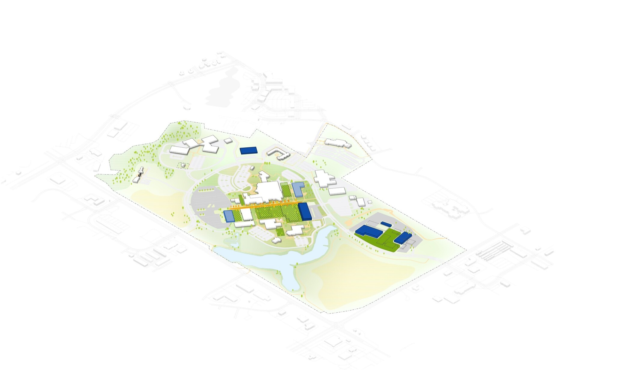 Des Moines Area Community College Campus Master Plan showing blue and green buildings plotted on a map