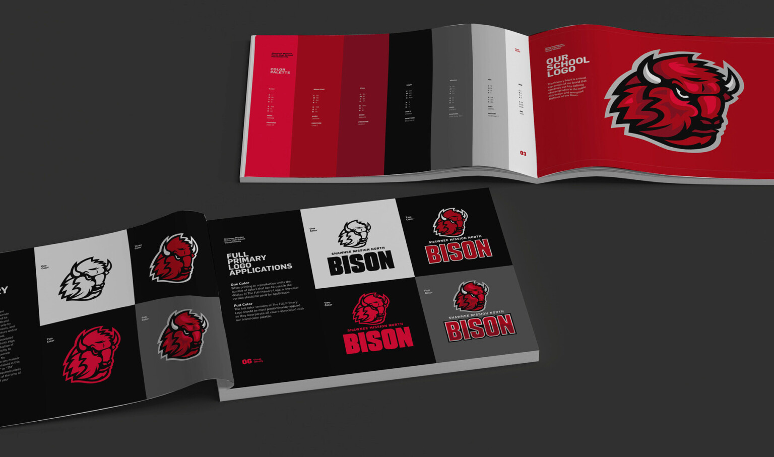 Brand book for Shawnee Mission High School Bison, in Kansas. Two page spread with colors