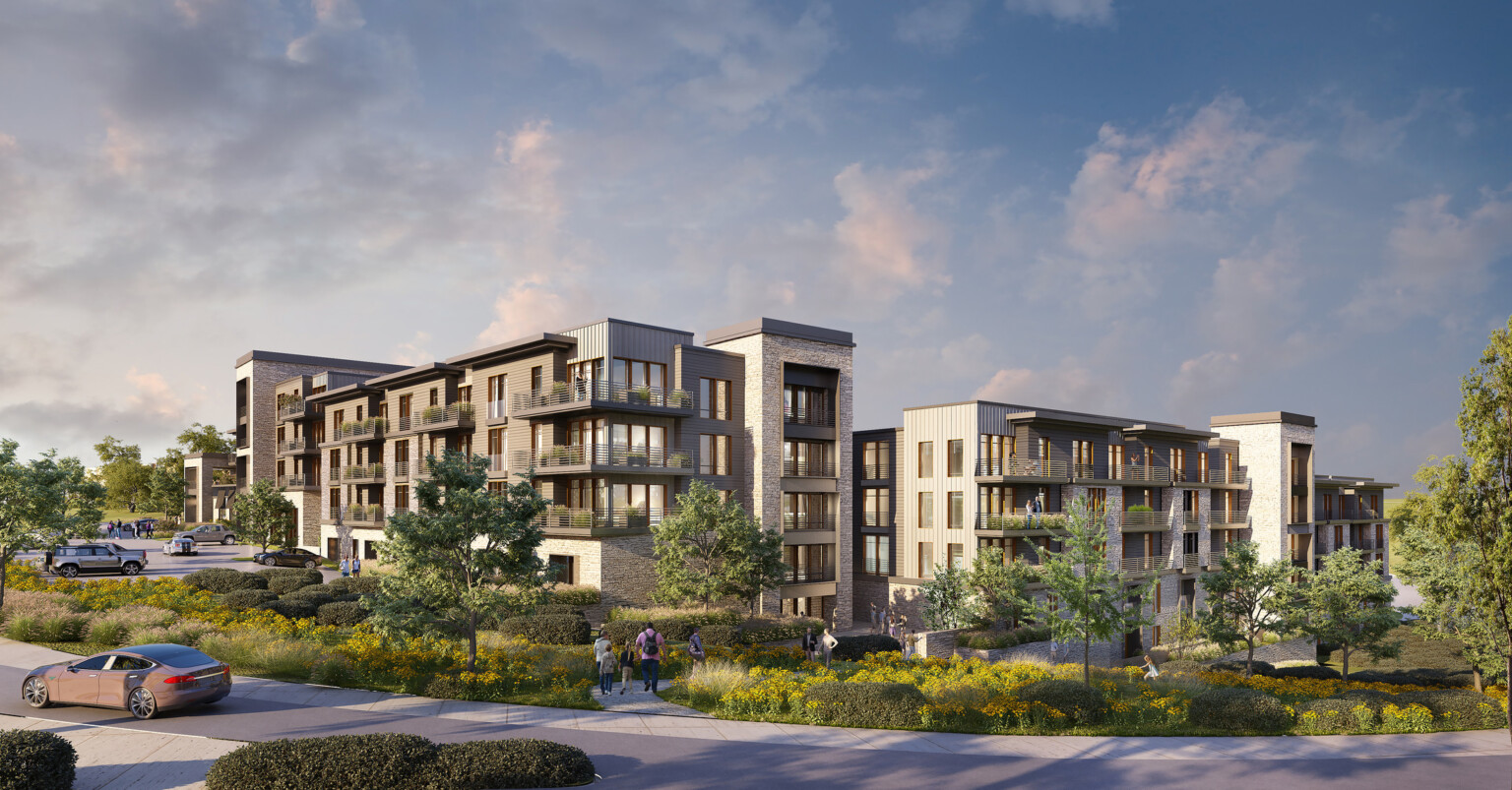 Architectural rendering of The Rocks mixed-use development in Kansas; multi-facade building with residential units throughout; lush green space in the forefront