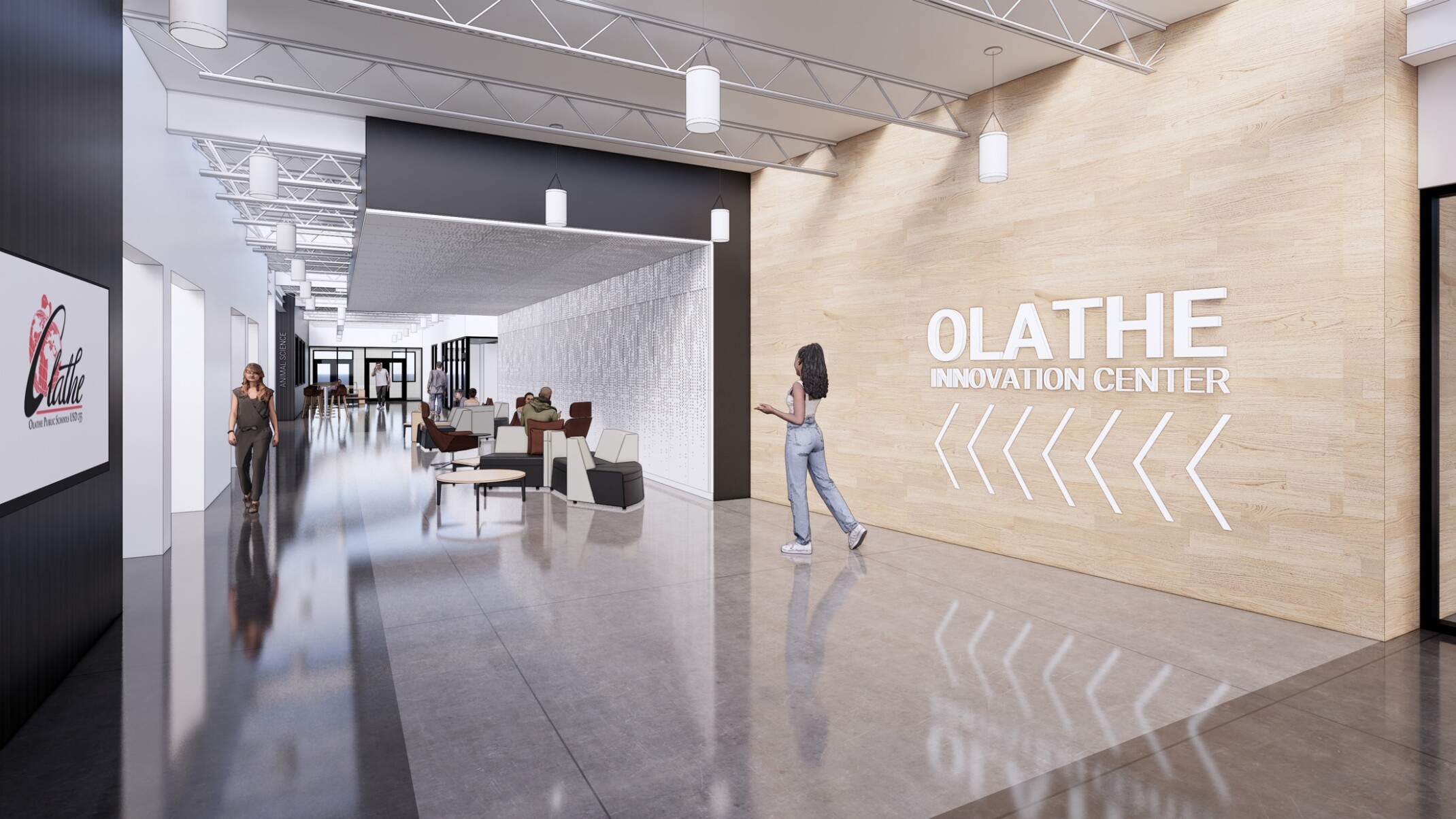 entryway hall of rendering of Olathe Innovation Center; community space; Olathe signage on the light wood wall