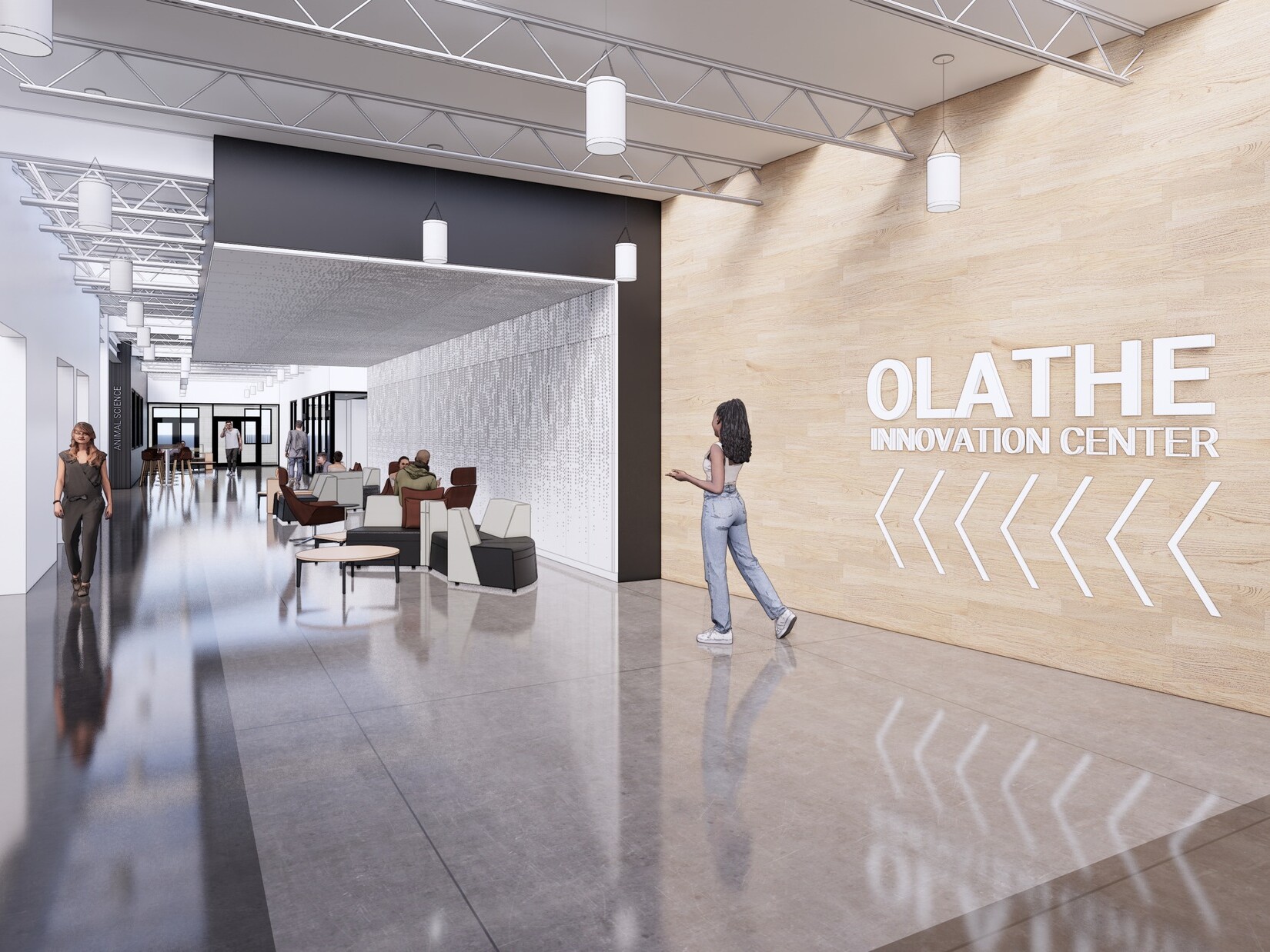 entryway hall of rendering of Olathe Innovation Center; community space; Olathe signage on the light wood wall