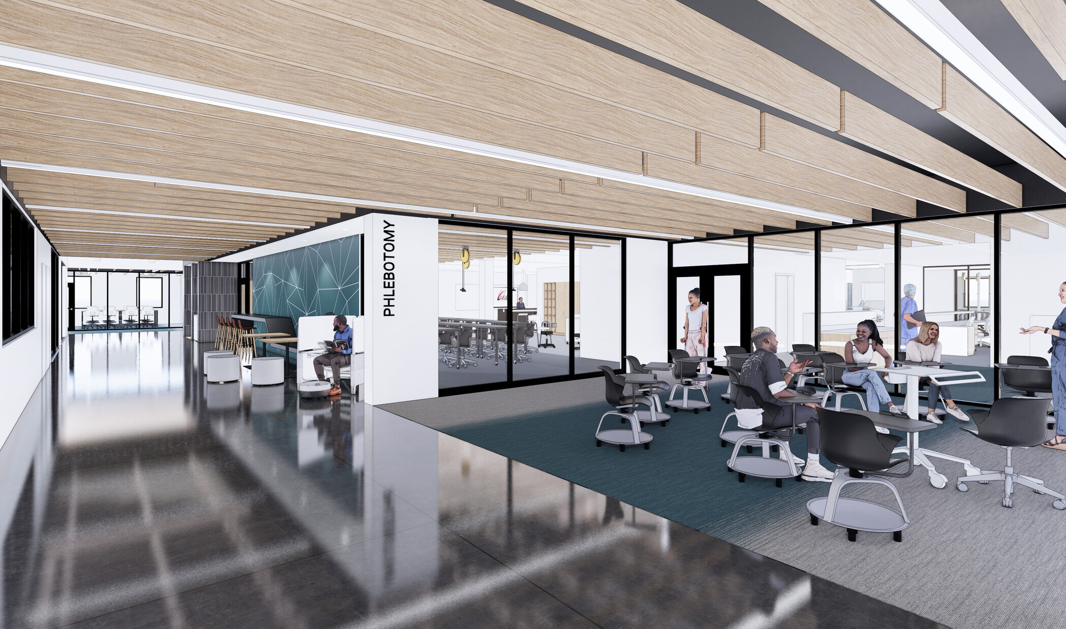 rendering of Olathe Innovation Center community space with desks and chairs; blue carpet with natural light coming in from floor to ceiling windows
