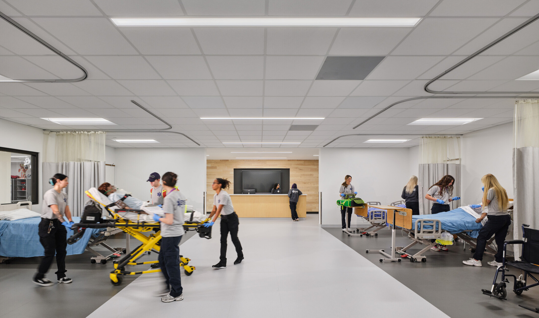 technical classroom in Olathe Innovation center; students working in hospital simulation lab with specialized tools