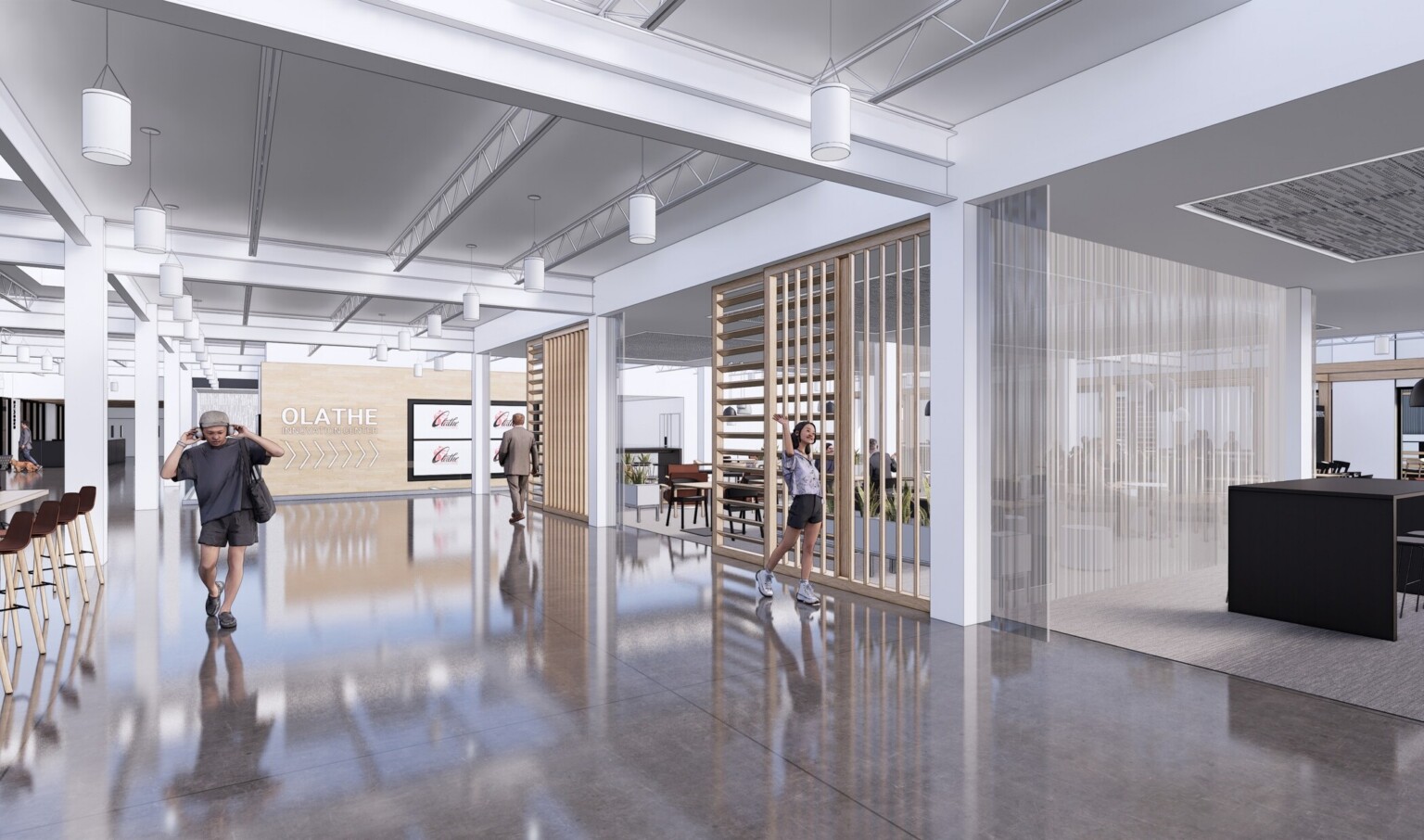 rendering of Olathe Innovation Center community space with desks and chairs; blue carpet with natural light coming in from floor to ceiling windows