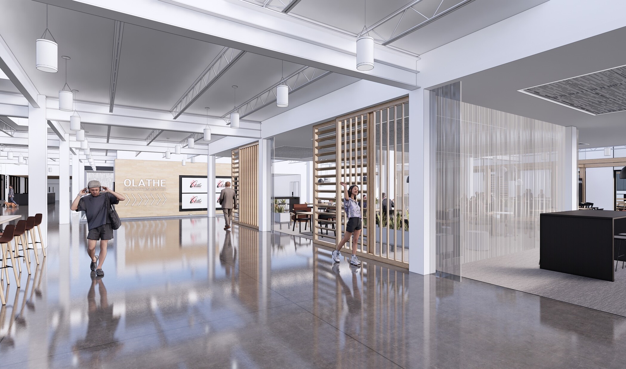 rendering of Olathe Innovation Center community space with desks and chairs; blue carpet with natural light coming in from floor to ceiling windows