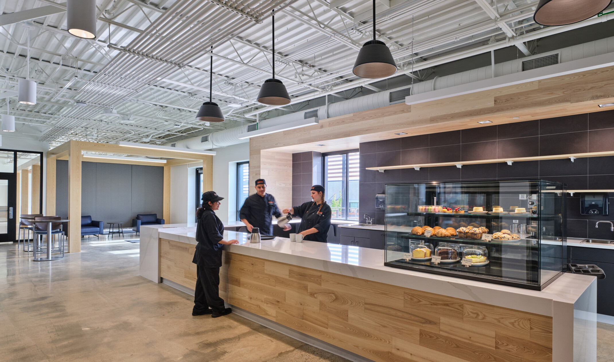 cafe in the olathe innovation center; modern barista bar with pastry case