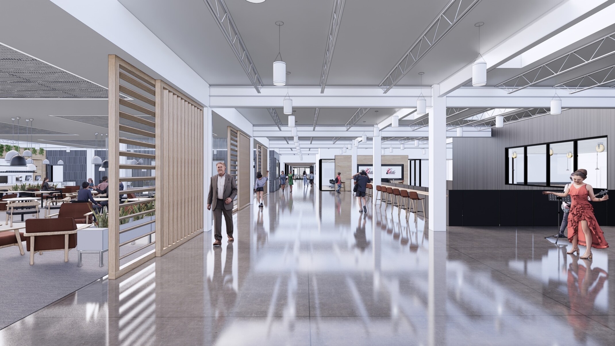 rendering of Olathe Innovation Center community space with desks and chairs; blue carpet with natural light coming in from floor to ceiling windows