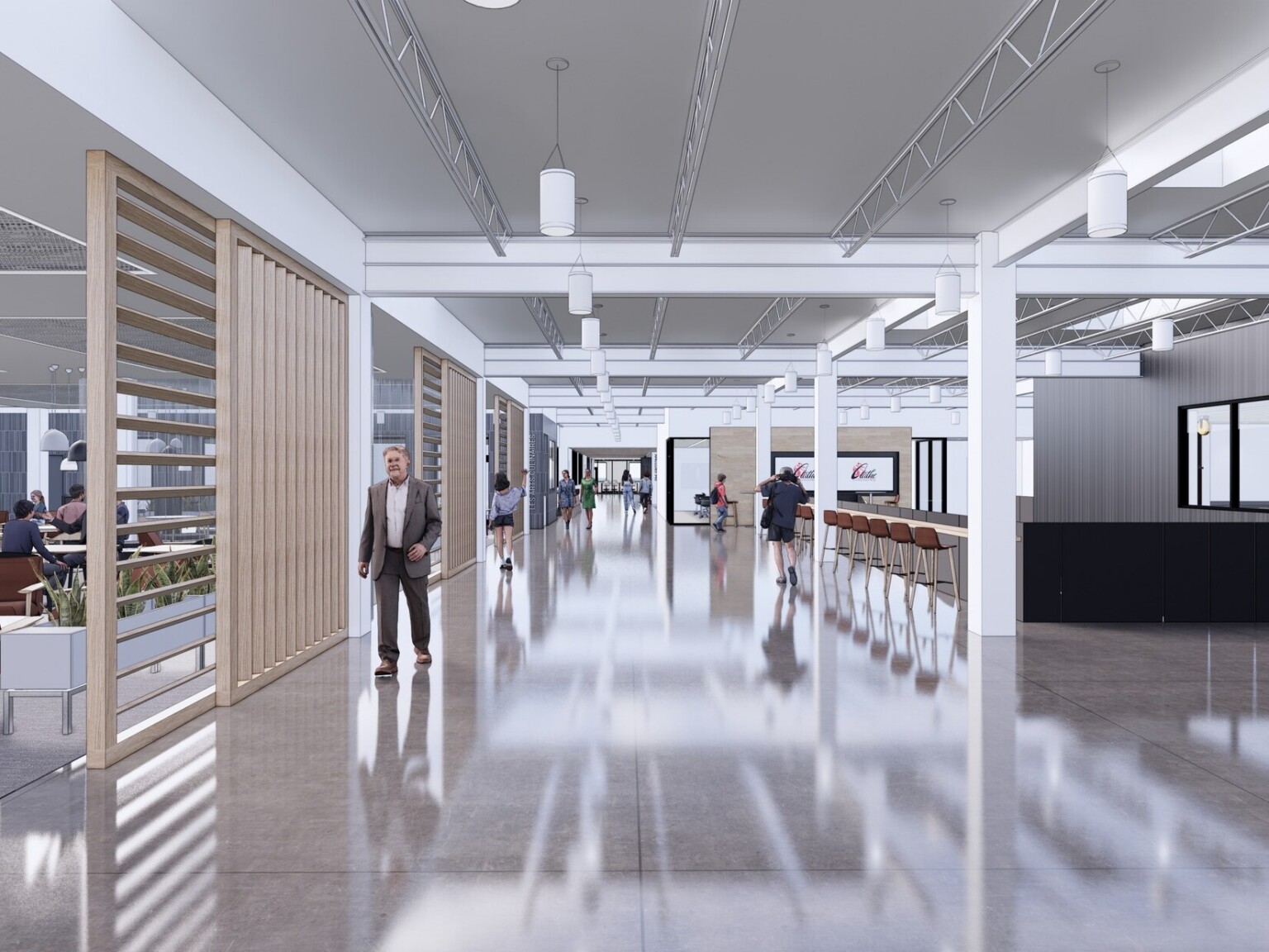 rendering of Olathe Innovation Center community space with desks and chairs; blue carpet with natural light coming in from floor to ceiling windows