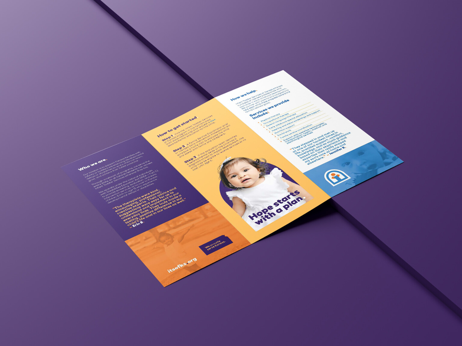 Infant Toddler Services of Kansas Brand Development; program cards with information and pictures of children on them