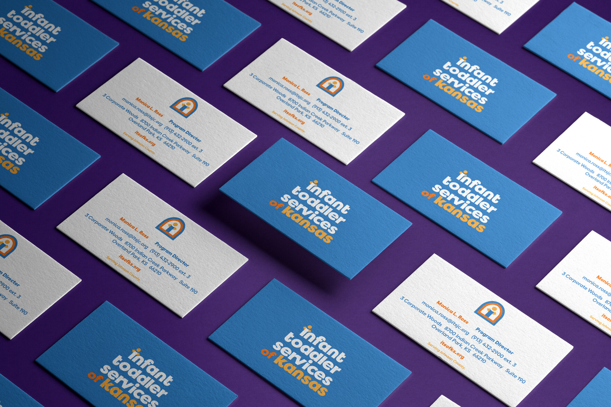 Infant Toddler Services of Kansas Brand Development; business cards with different shapes and information on them