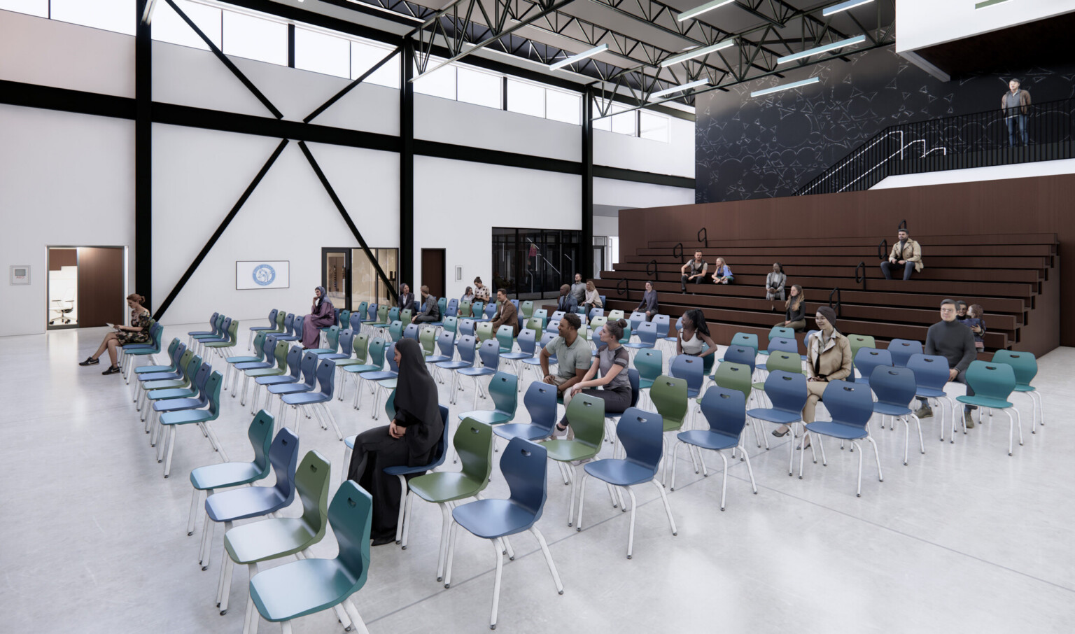 architectural rendering of a performance space at Wolf Spring Middle School; dark wood stage with chairs facing
