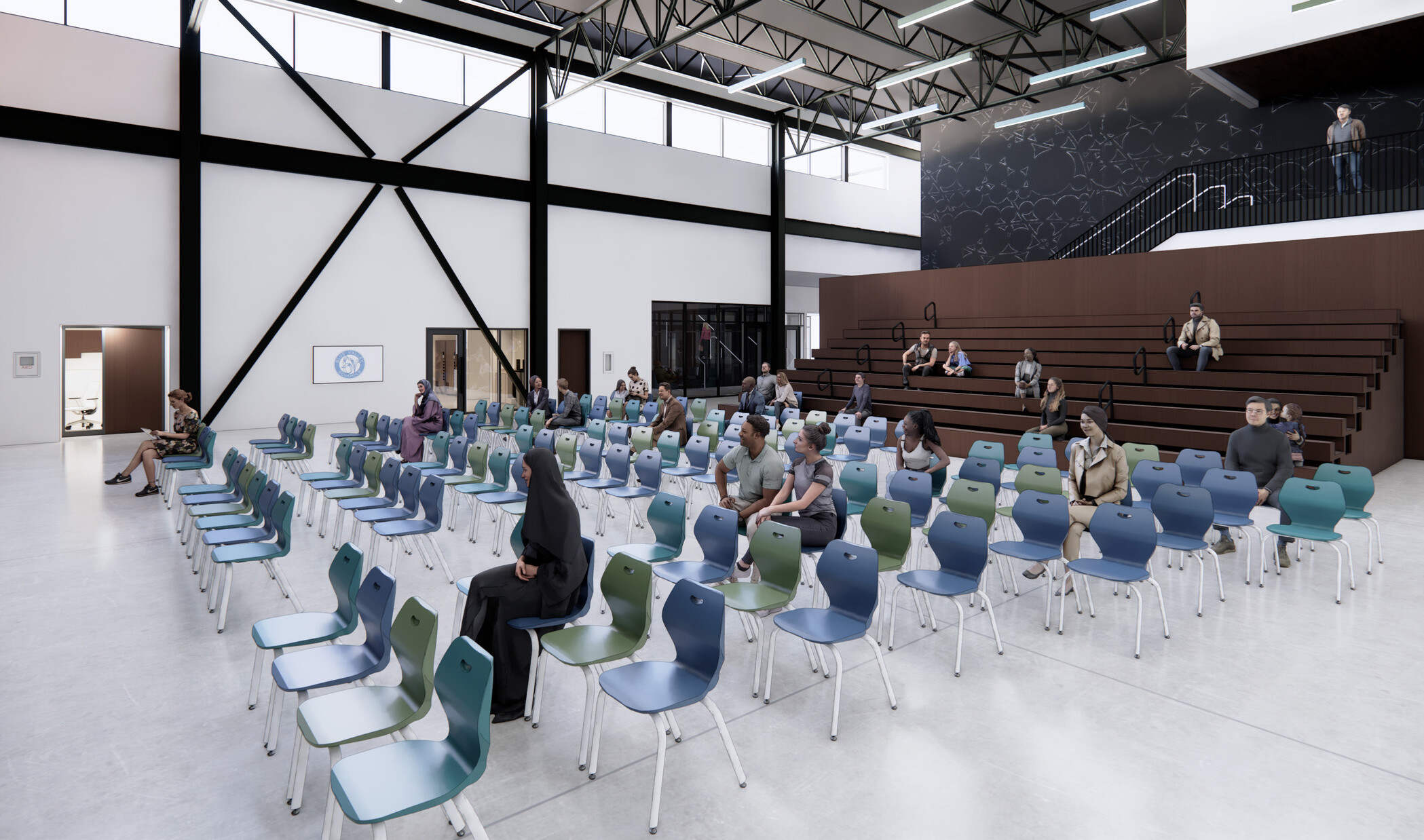 architectural rendering of a performance space at Wolf Spring Middle School; dark wood stage with chairs facing