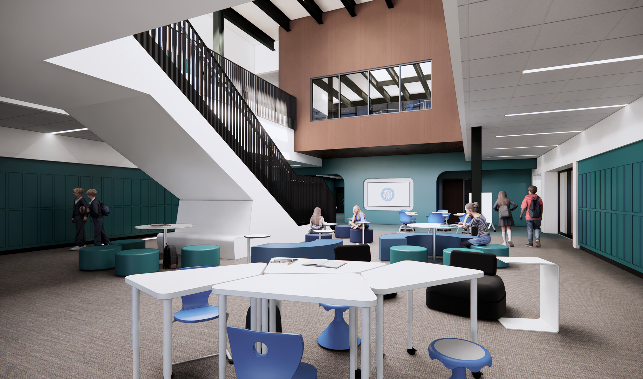 architectural rendering of double height common space at Wolf Springs Middle School