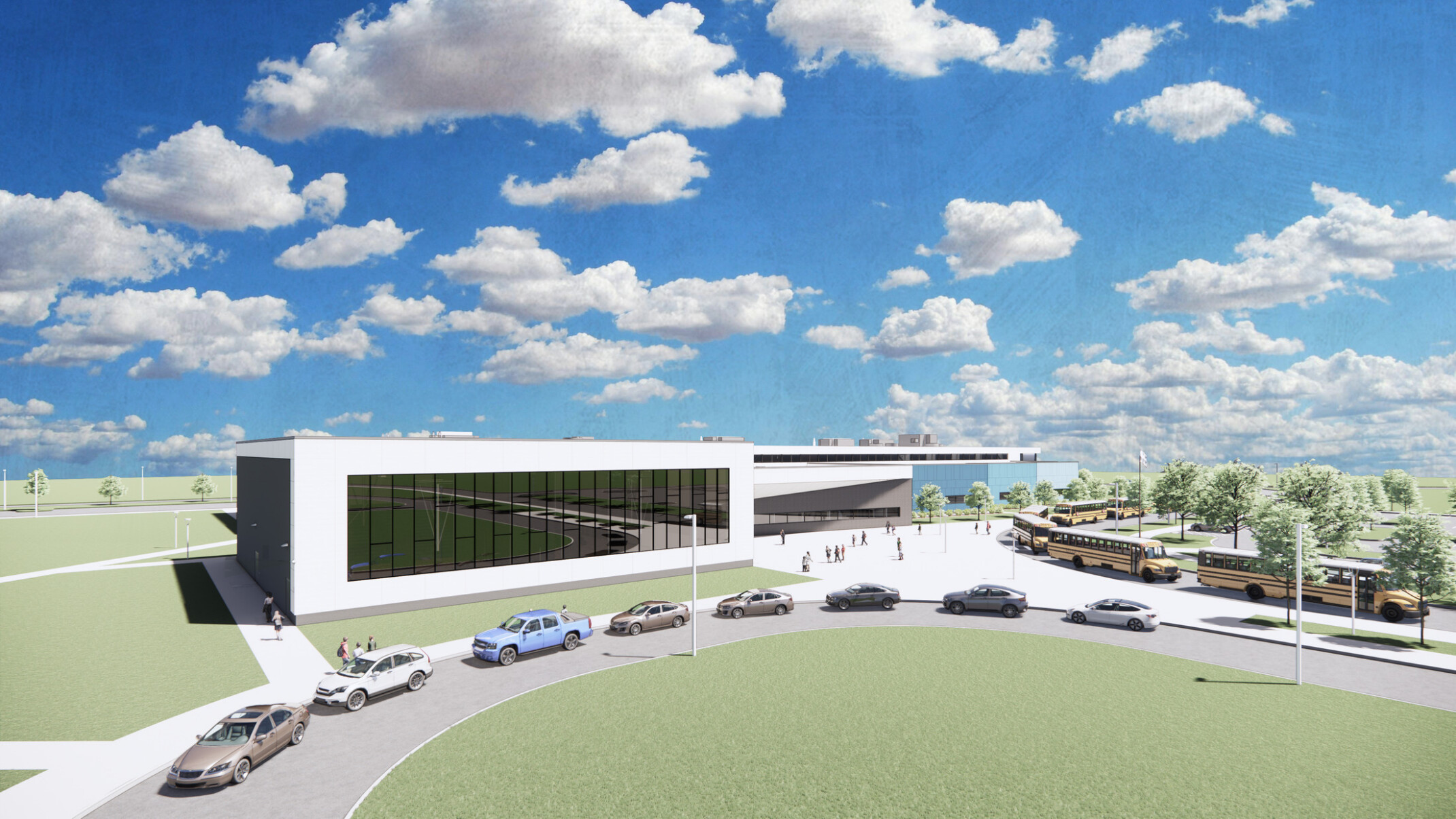 Exterior of Wolf Springs Middle School, showcasing large expansive windows