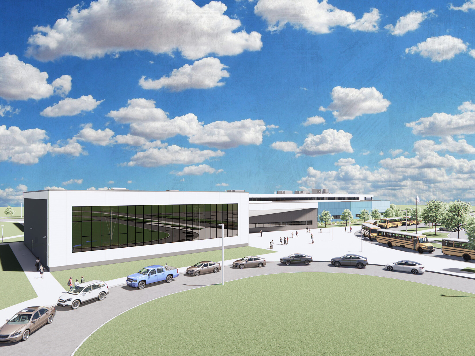 Exterior of Wolf Springs Middle School, showcasing large expansive windows