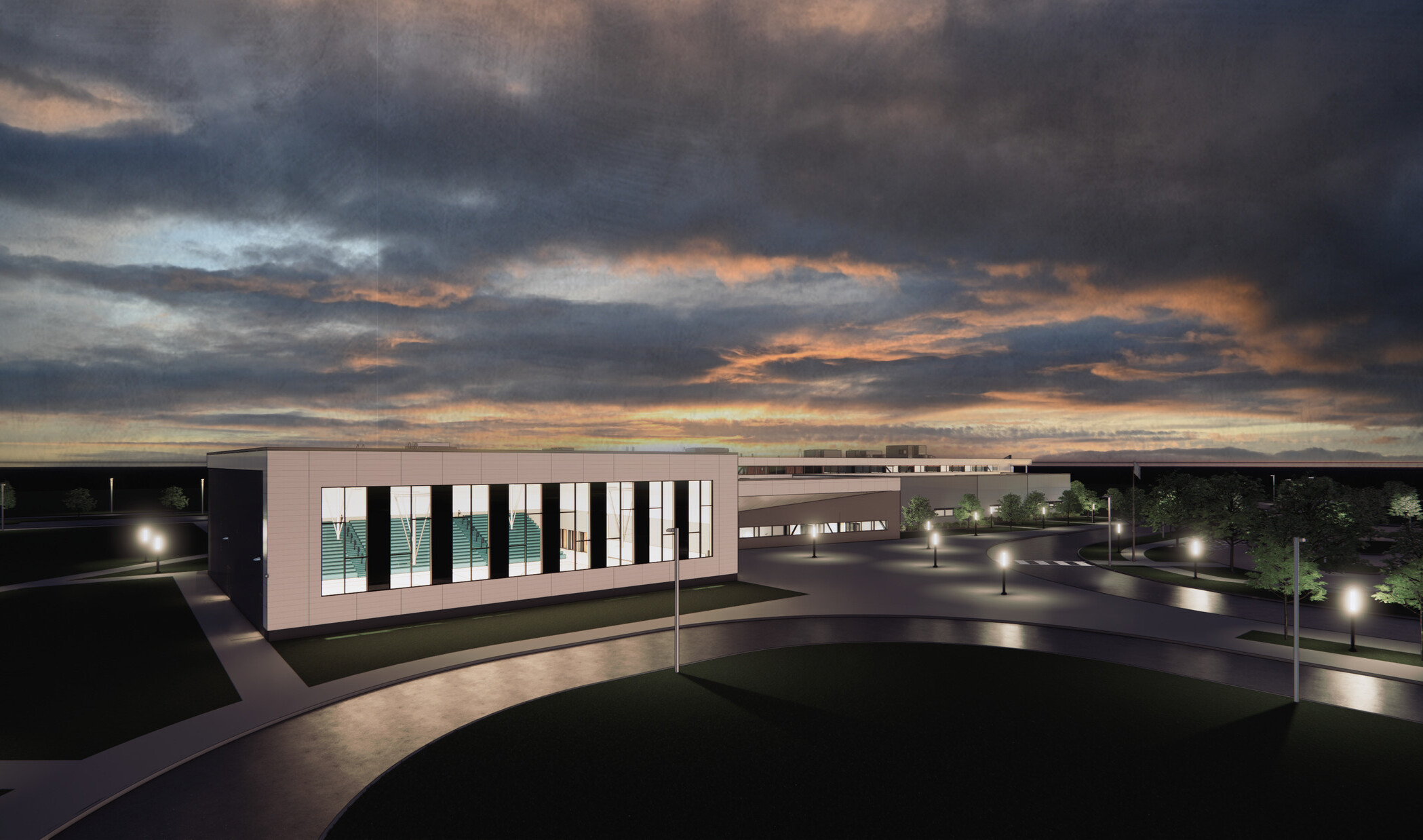 nighttime architectural rendering of the entrance plaza of Wolf Springs Middle School; large rectangular structure overlooking pond