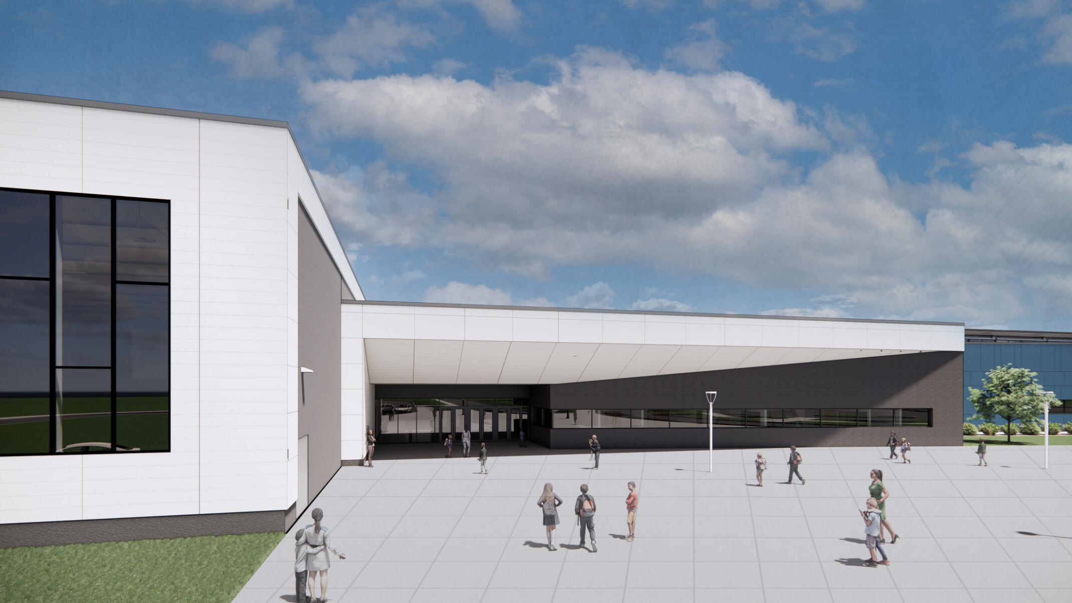 daytime architectural rendering Wolf Springs Middle school; students are greeted by the entrance plaza of Wolf Springs Middle School