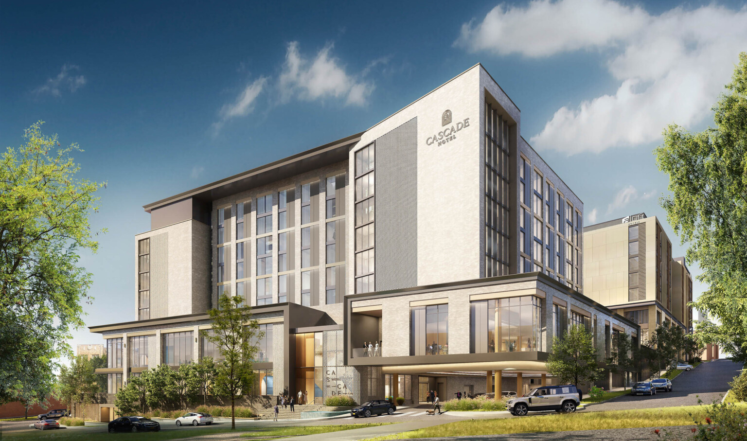 Exterior rending of the Cascade Hotel with double height window lobby. A grey, angular building