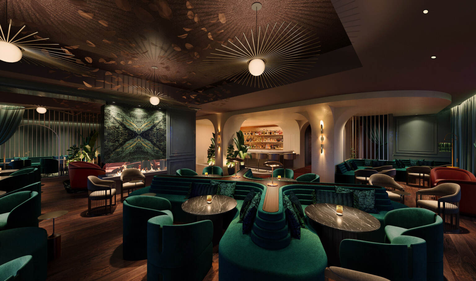 design concept for a hotel rooftop bar, dark green suede furniture fills the dark and moody interior space, Cascade Hotel, A Tribute Portfolio by Marriott