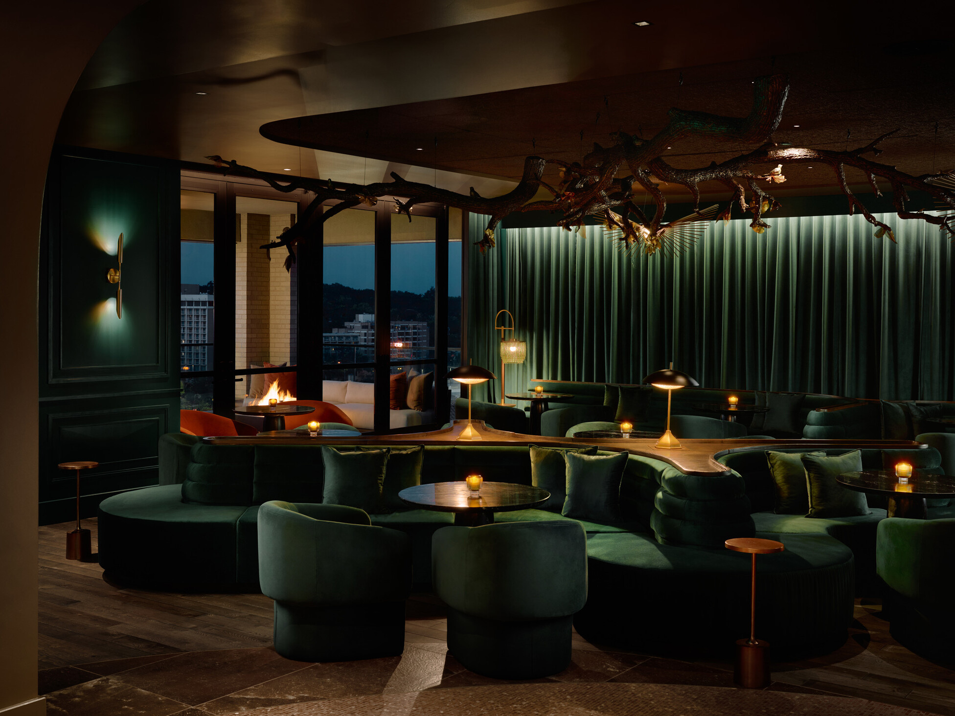 hotel bar, dark green suede furniture fills the dark and moody interior space, Cascade Hotel, A Tribute Portfolio by Marriott
