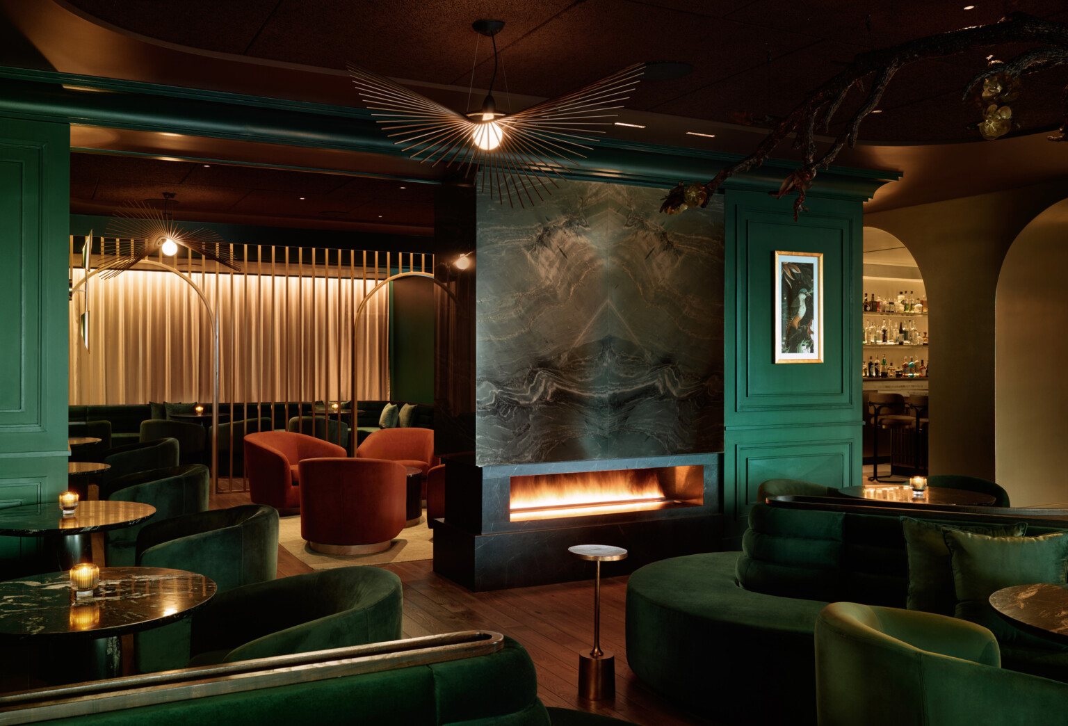 hotel bar, dark, red green suede furniture fills the dark and moody interior space, Cascade Hotel, A Tribute Portfolio by Marriott