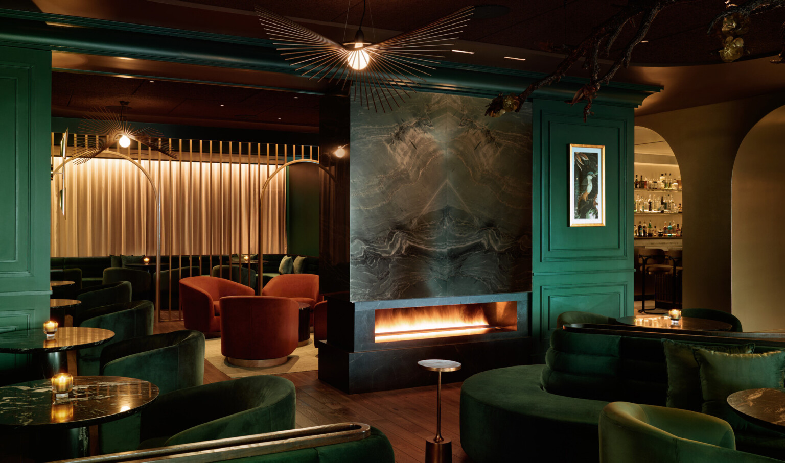 hotel bar, dark, red green suede furniture fills the dark and moody interior space, Cascade Hotel, A Tribute Portfolio by Marriott