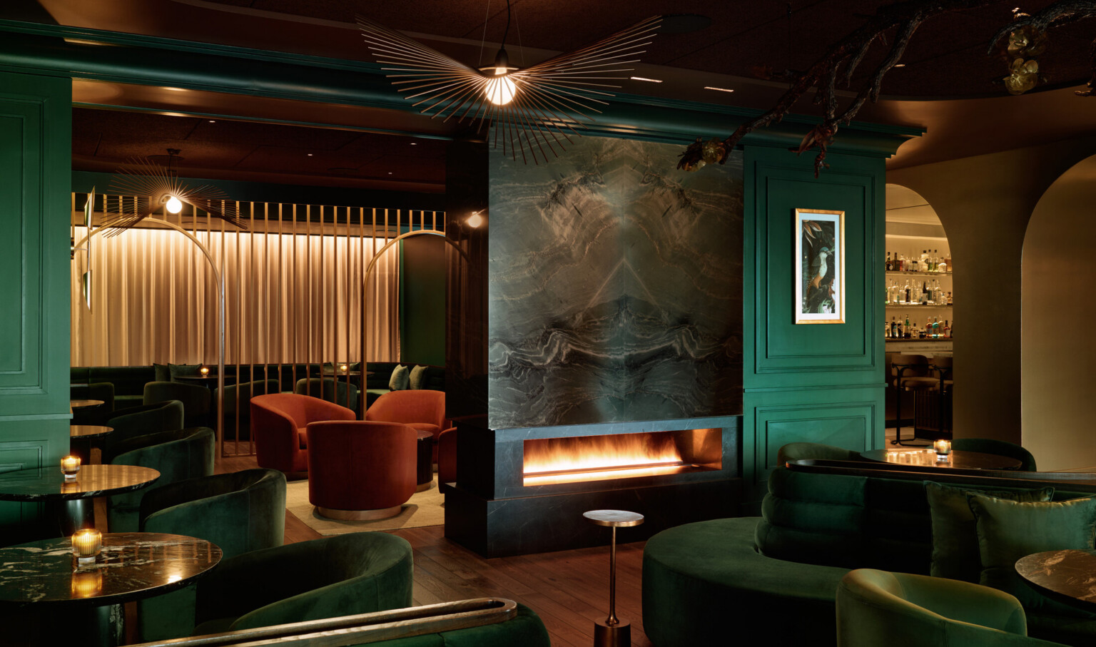 hotel bar, dark, red green suede furniture fills the dark and moody interior space, Cascade Hotel, A Tribute Portfolio by Marriott