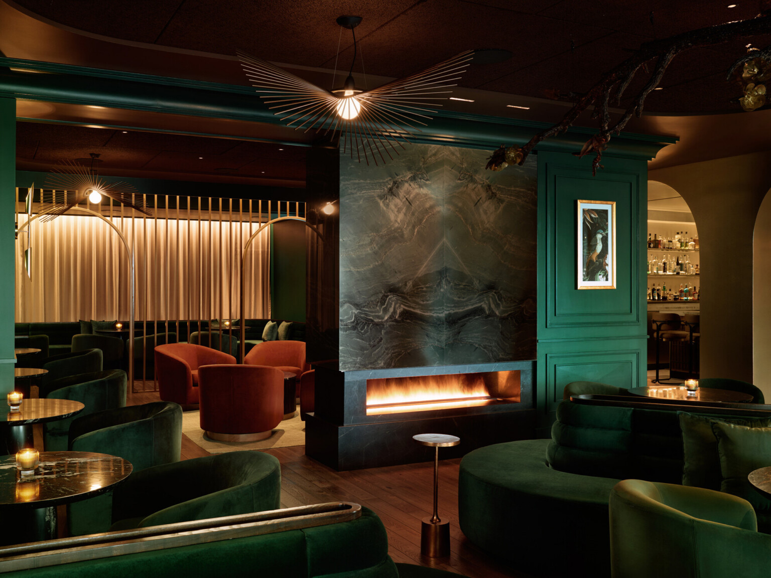 hotel bar, dark, red green suede furniture fills the dark and moody interior space, Cascade Hotel, A Tribute Portfolio by Marriott