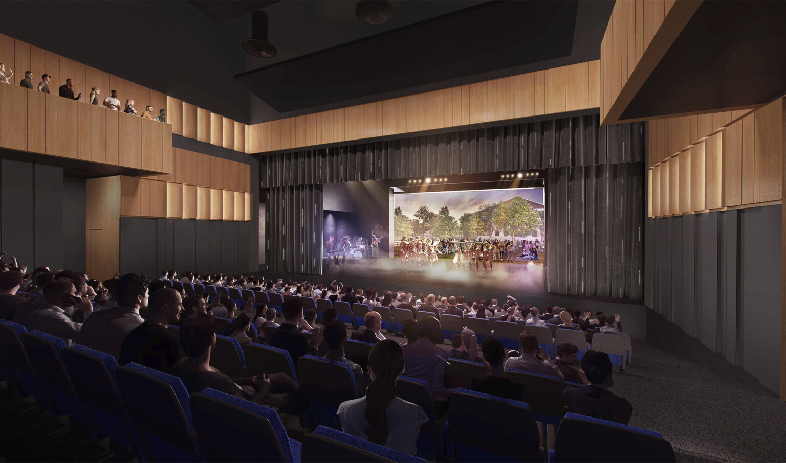 Rendering of theater with black walls with wood sections at top and balcony, facing a illuminated stage Rendering of theater with black walls with wood sections at top and balcony, facing a illuminated stage