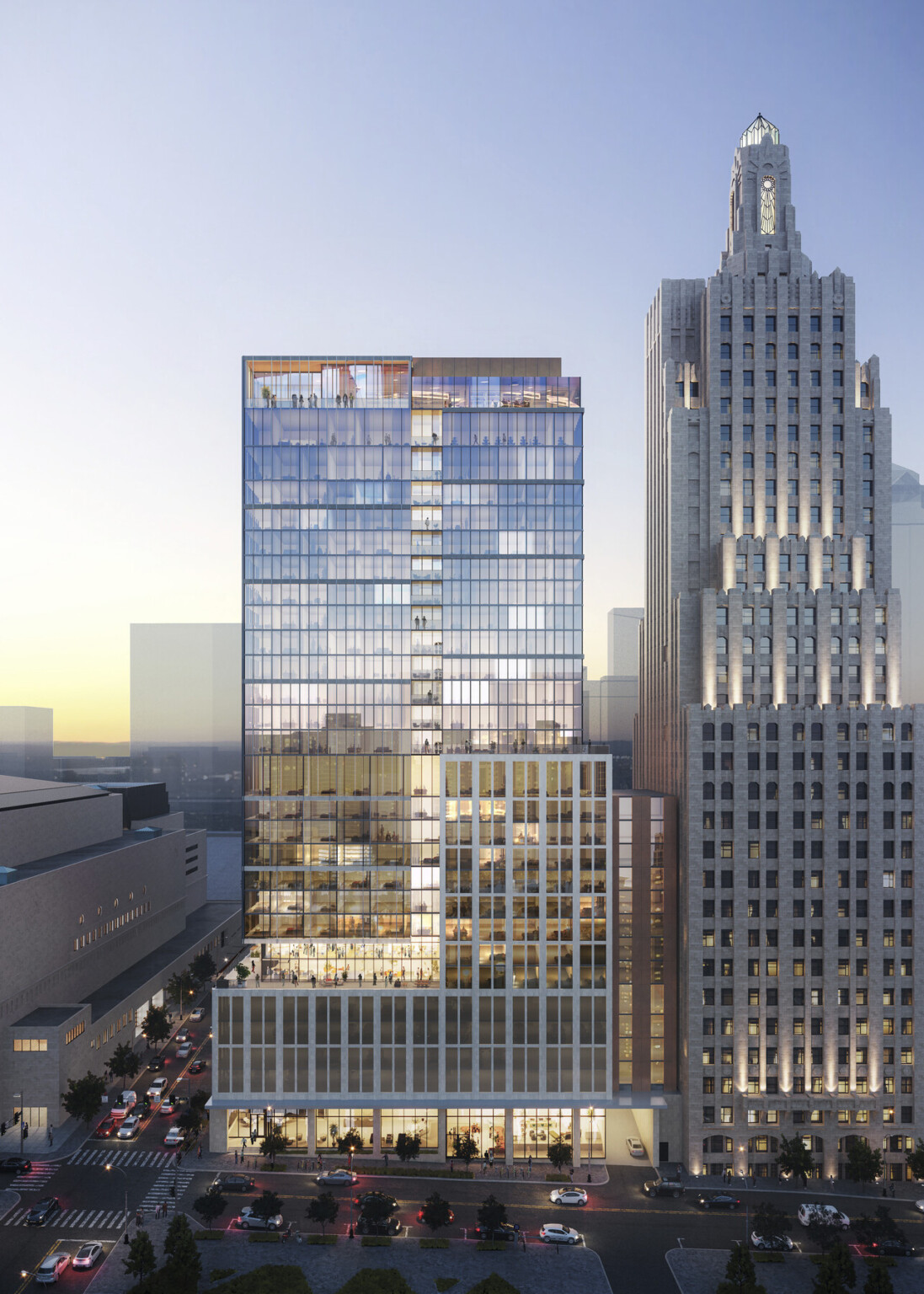 27-story mixed-use high-rise clad in limestone-colored panels and glass façade