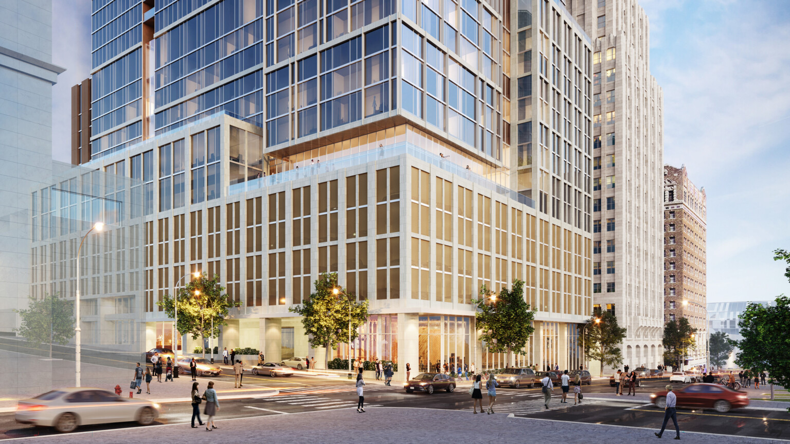 Pedestrians and cars activate the base of a new 27-story mixed-use high-rise clad in limestone-colored panels and glass façade