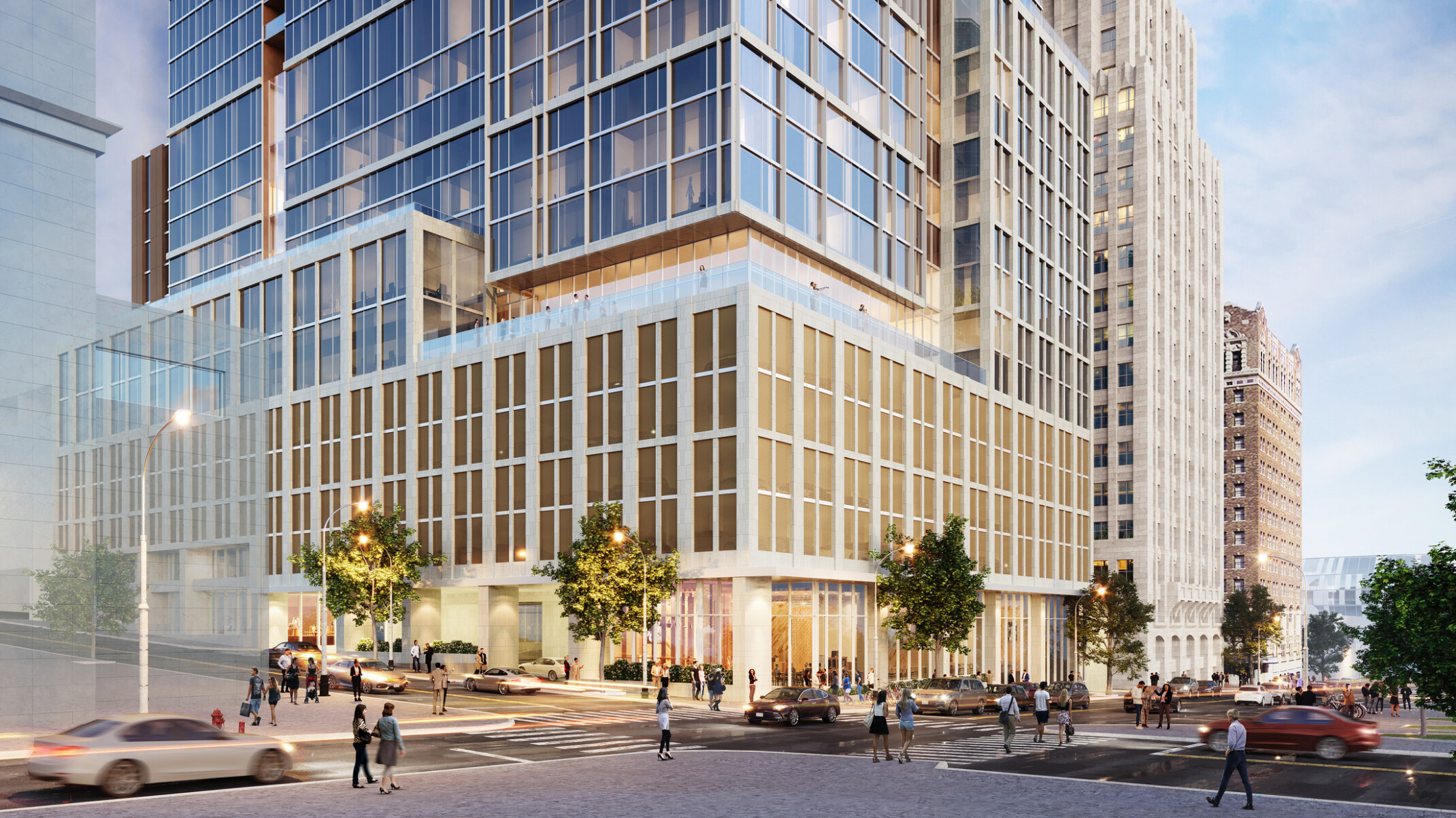 Pedestrians and cars activate the base of a new 27-story mixed-use high-rise clad in limestone-colored panels and glass façade