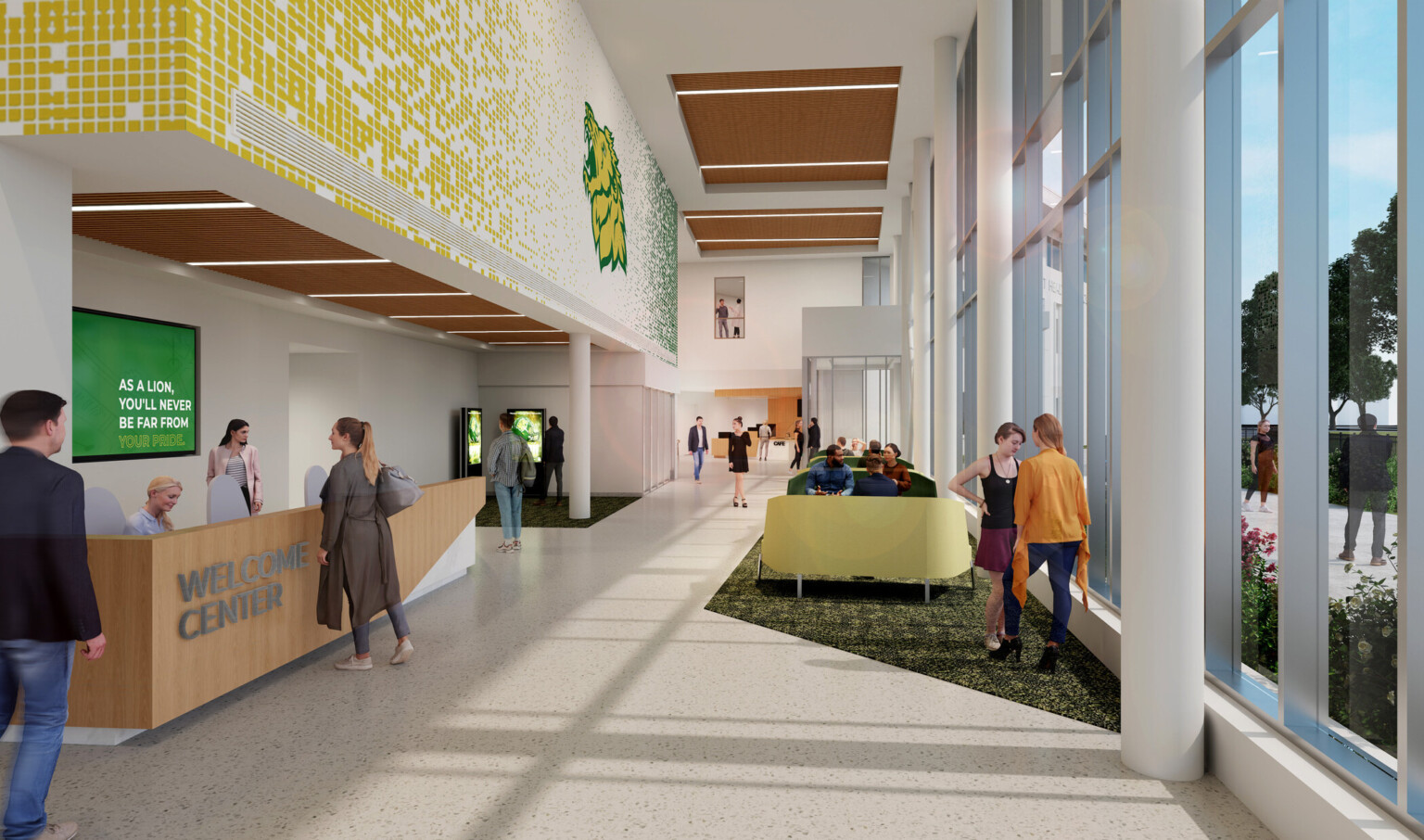 welcome center front desk at MSSU, double height windows bring in natural light, green and white colors for the university logo
