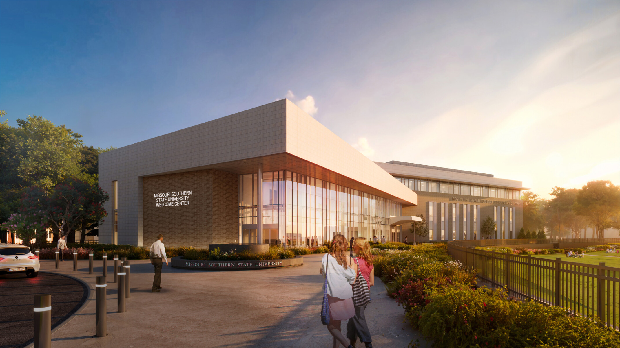 exterior rendering of the new innovation center at missour southern state university; golden hour at the campus lawn, large windows provides views directly into the learning center
