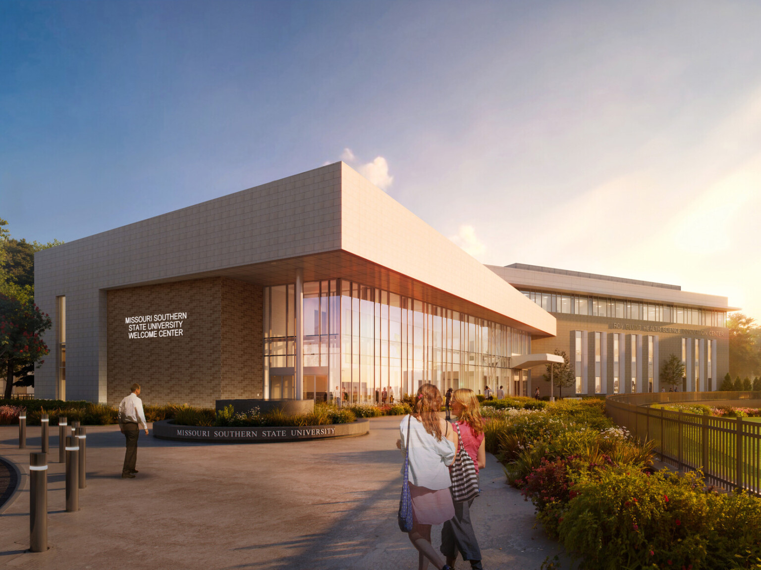 exterior rendering of the new innovation center at missour southern state university; golden hour at the campus lawn, large windows provides views directly into the learning center