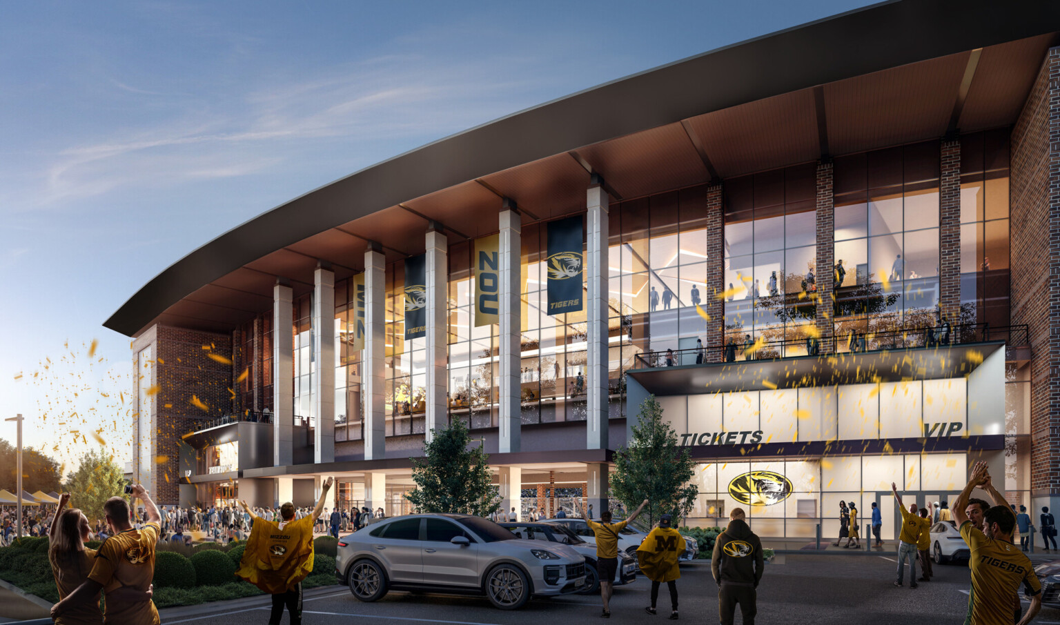 exterior of university of missouri memorial stadium, tickets and VIP entrance, double height windows for views into the action exterior of university of missouri memorial stadium, tickets and VIP entrance, double height windows for views into the action