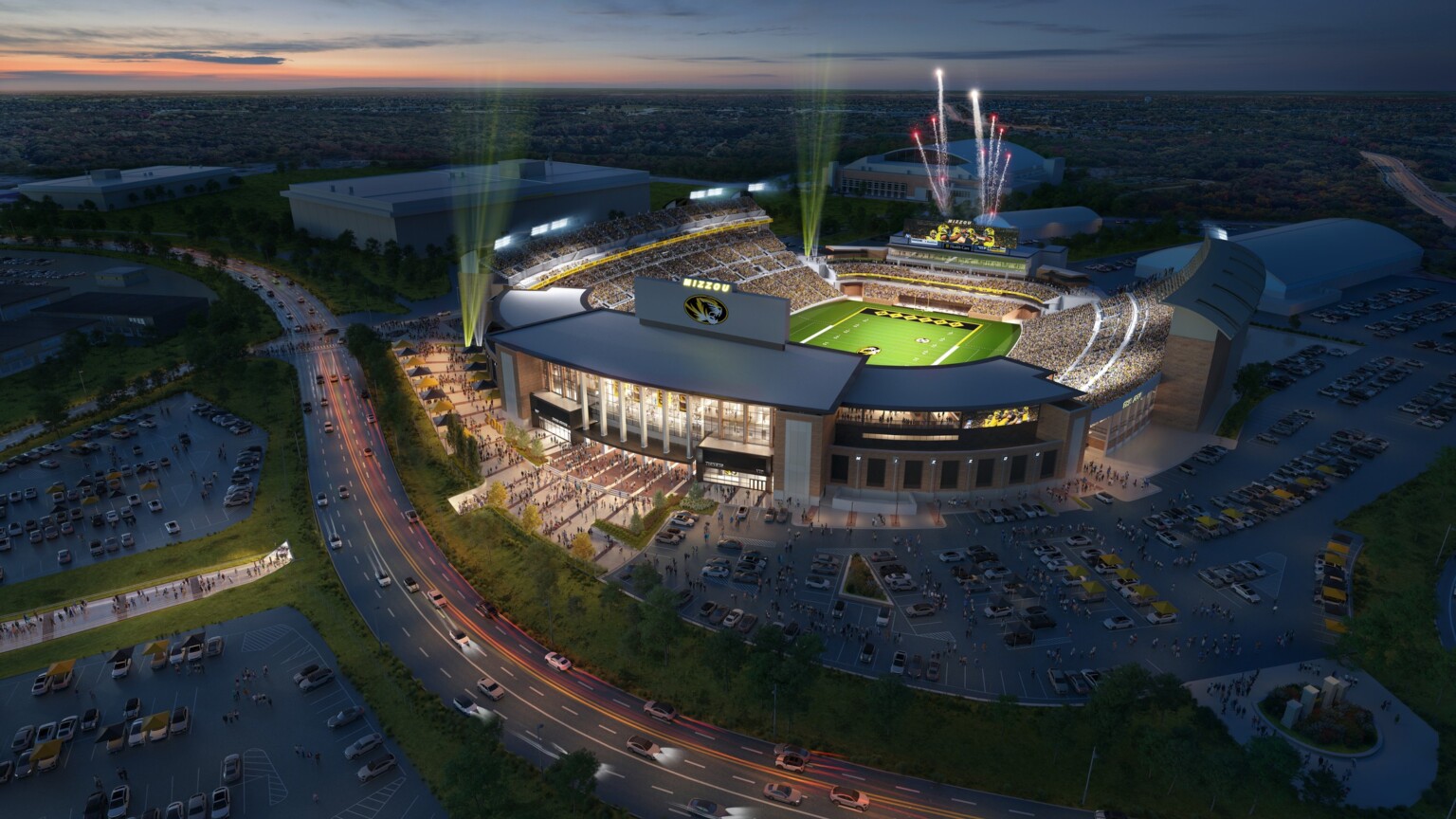aerial rendering of University of Missouri Mizzou Memorial Stadium illuminated for a night game after renovation