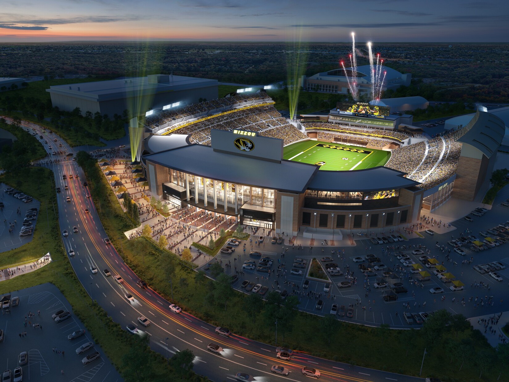 aerial rendering of University of Missouri Mizzou Memorial Stadium illuminated for a night game after renovation