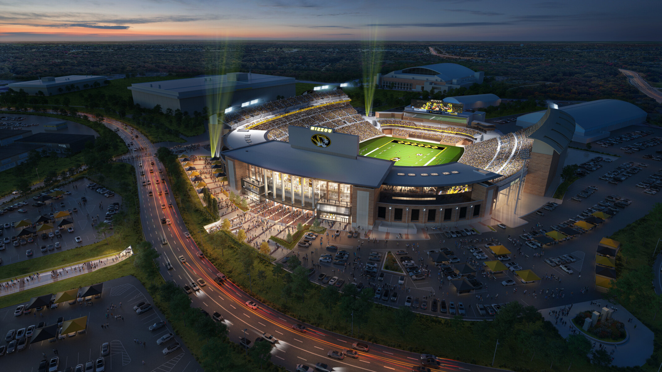aerial rendering of University of Missouri Mizzou Memorial Stadium illuminated for a night game after renovation